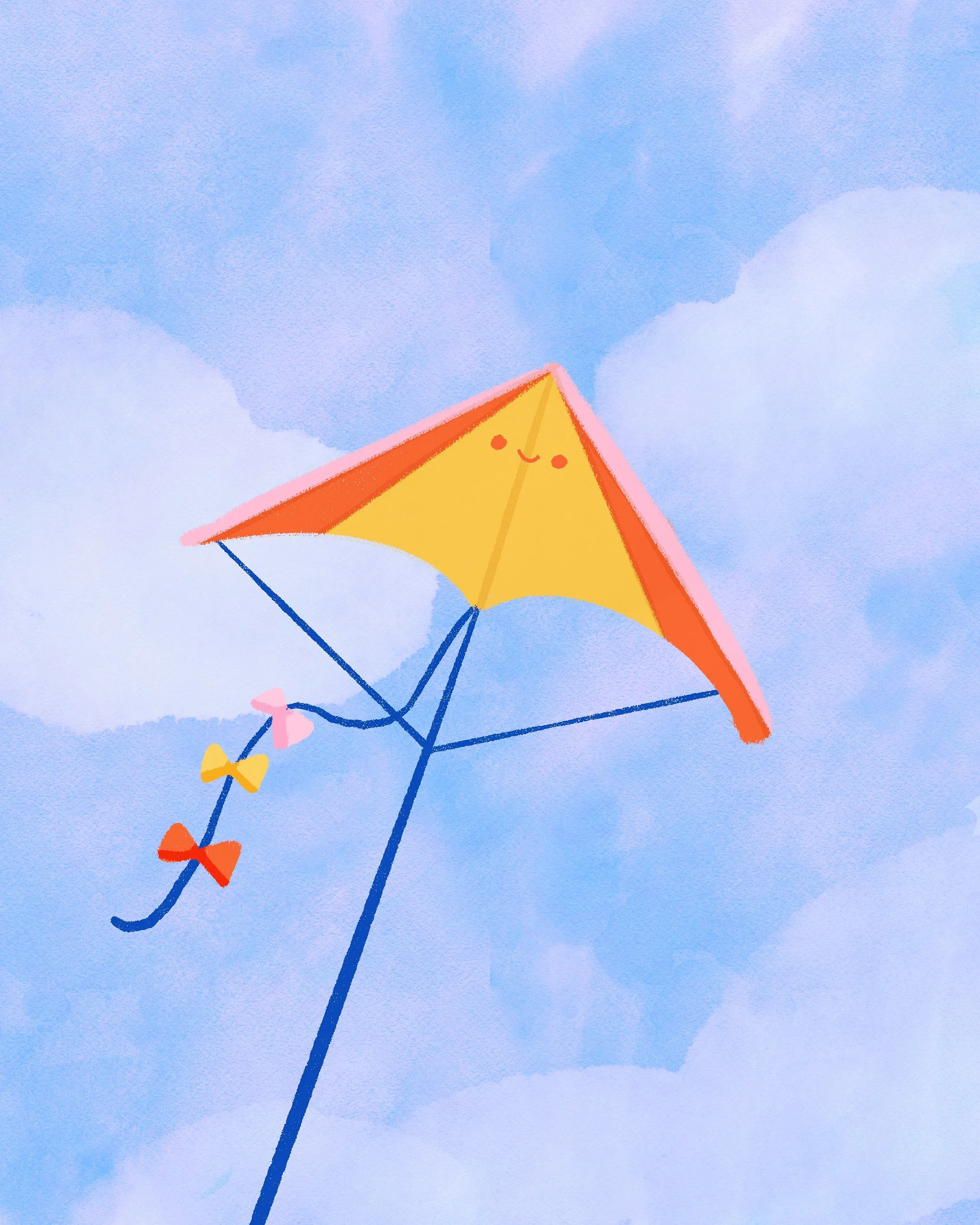 A whimsical illustration of a kite with a smiling face flying in a blue sky with clouds.