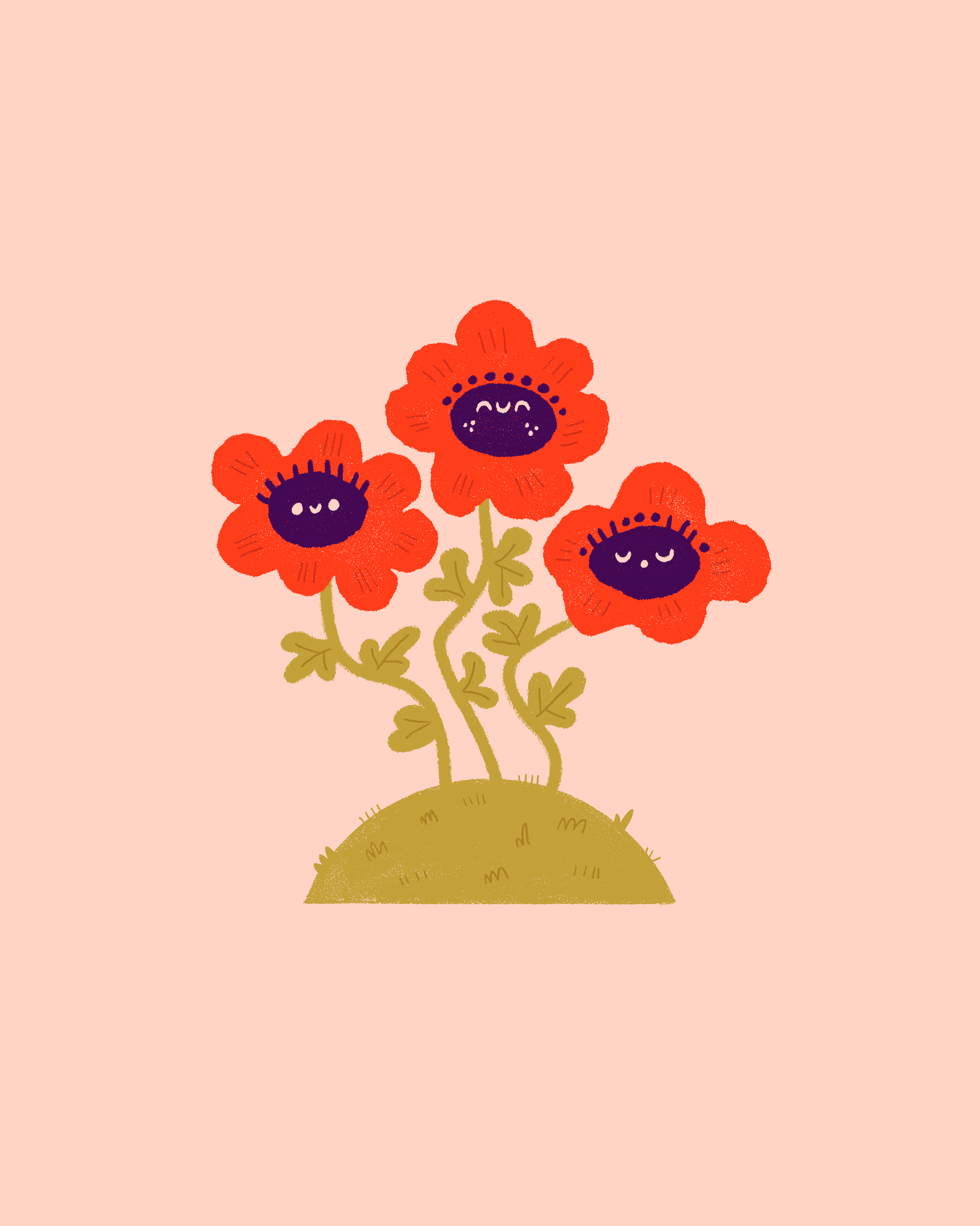 Cute illustrated red flowers with smiling faces on a small grassy hill against a pink background.
