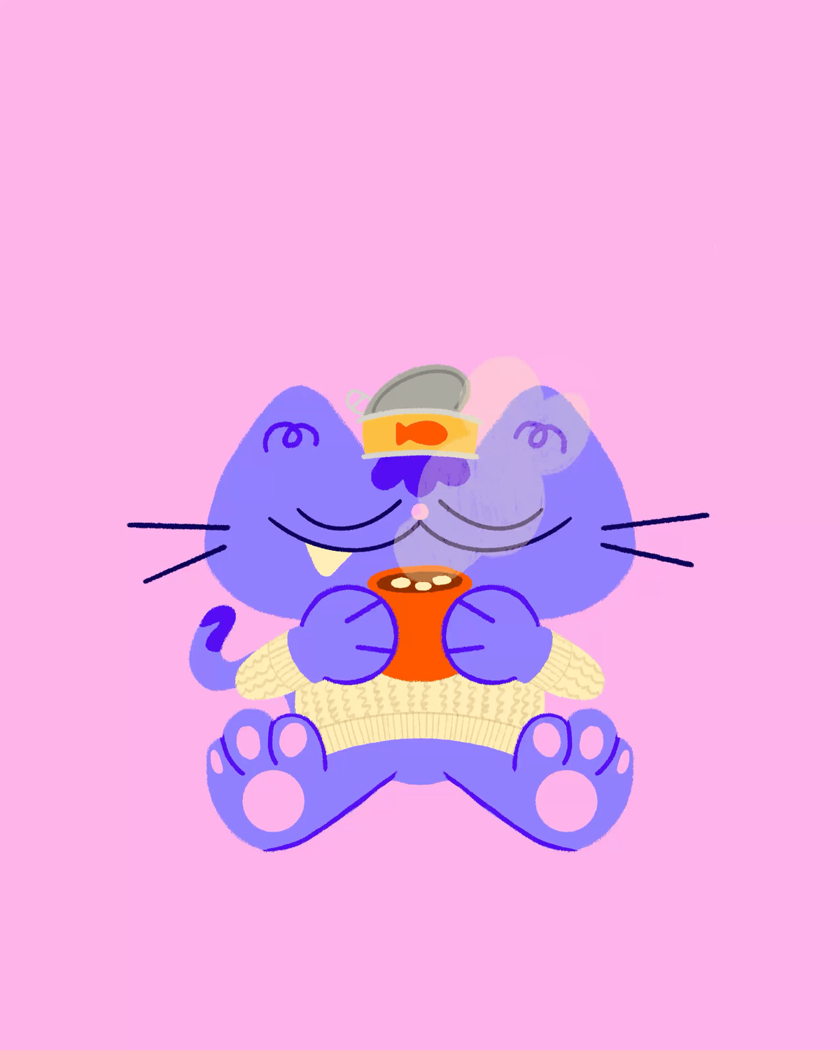 A cartoon illustration of a purple cat with two faces, sitting on a pink background. The cat is wearing a yellow sweater, holding a bowl of ramen, and has a can of fish on its head.