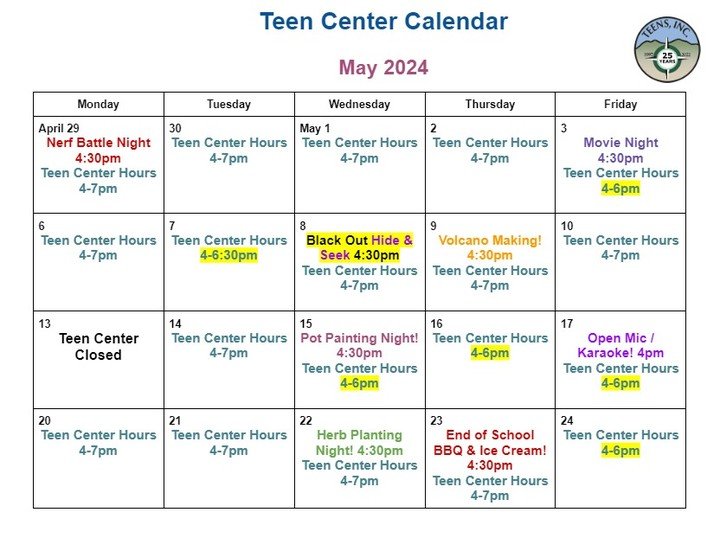 Your May Teen Center calendar is here. Watch out for Movie Night tomorrow (5/3) at 4:30 pm.

Tonight (5/2), we're inviting parents and guardians of teens to join us for a group session from 6-7 pm at TEENS, Inc. Look in our feed below for more inform