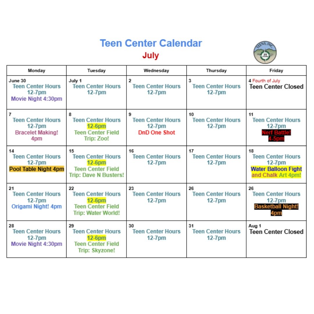 We are very excited for our Teen Center happenings in July! Please join us!

7/7 Bracelet Making
7/9 D&amp;D One Shot
7/11 Nerf Battle
7/14 Pool Table Night
7/18 Chalk Art and Water Balloon Fight
7/21 Origami Night
7/26 Basketball Night

And don't mi