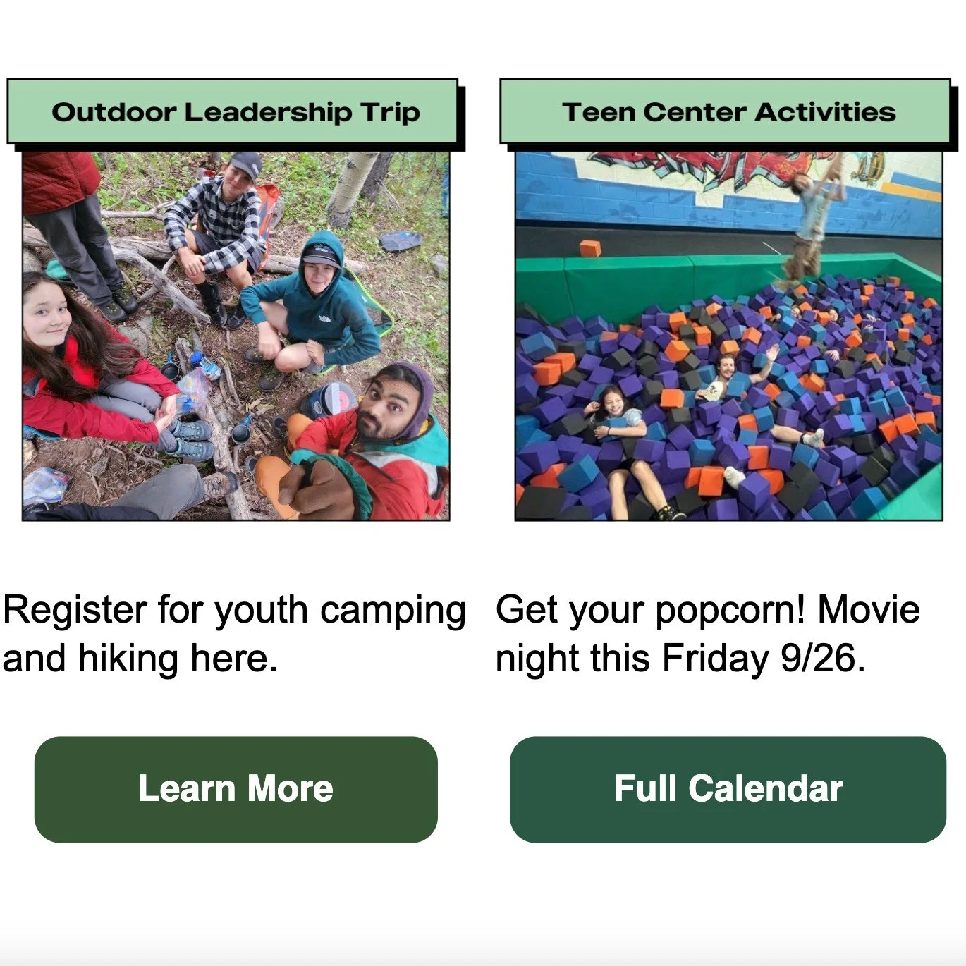 Don't get our email newsletter? 

Here's some of what you're missing.

Outdoor Leadership is accepting applications for an amazing youth retreat in November: https://teensinc.org/ol/

The Teen Center has basketball this evening with movie night on Fr