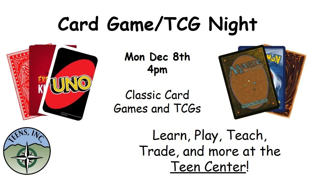 Update to the Card Game Night! It is Monday, Dec 8th. Hope to see you there!

Also, Dodgeball is on for tonight starting at 4:30 at the Teen Center. Remember, if you can dodge a wrench... you can dodge a ball!