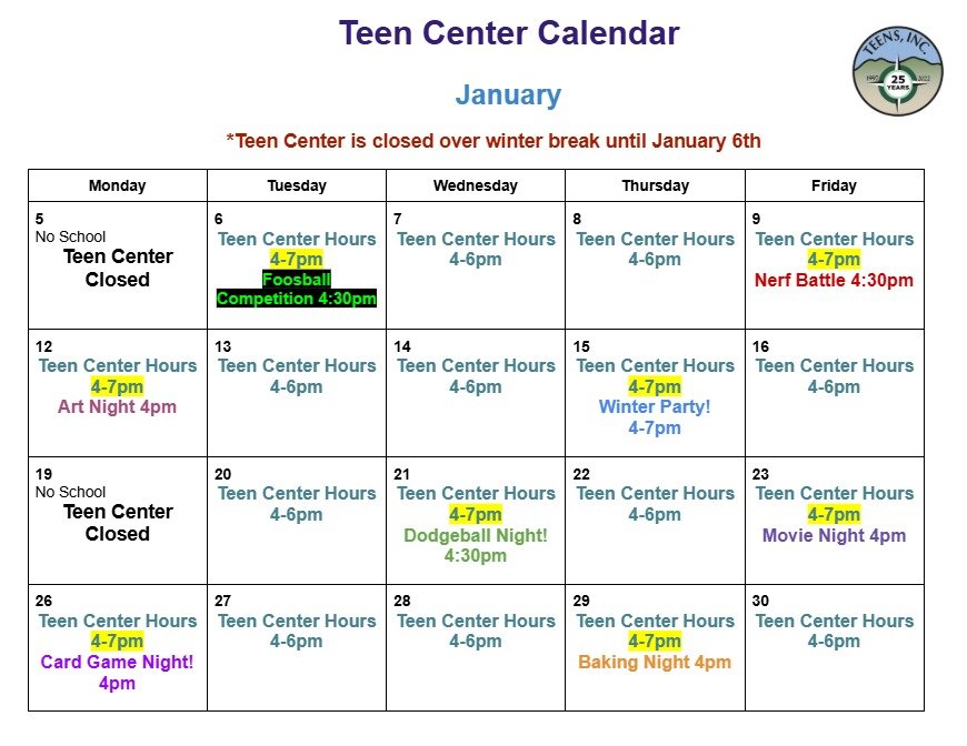 Happy New Year! 

The Teen Center is closed today but reopens its doors for 2026 tomorrow (1/6) -- when we'll be hosting a foosball competition! 

More upcoming TC events include a Nerf Battle (1/9), Art Night (1/12), and our Winter Party (1/15)!
