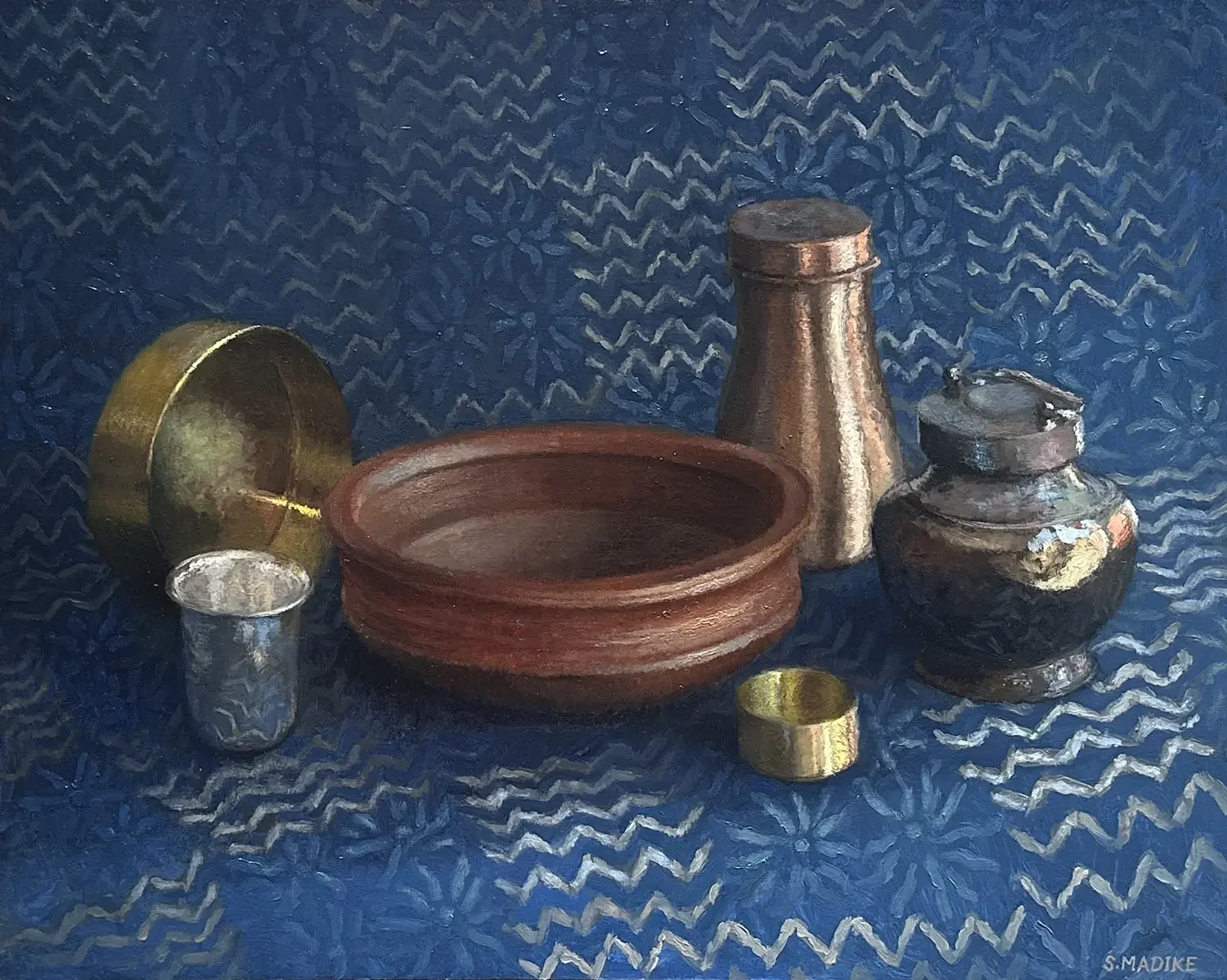 Vessels on Indigo Block Printed Fabric | Oil on linen