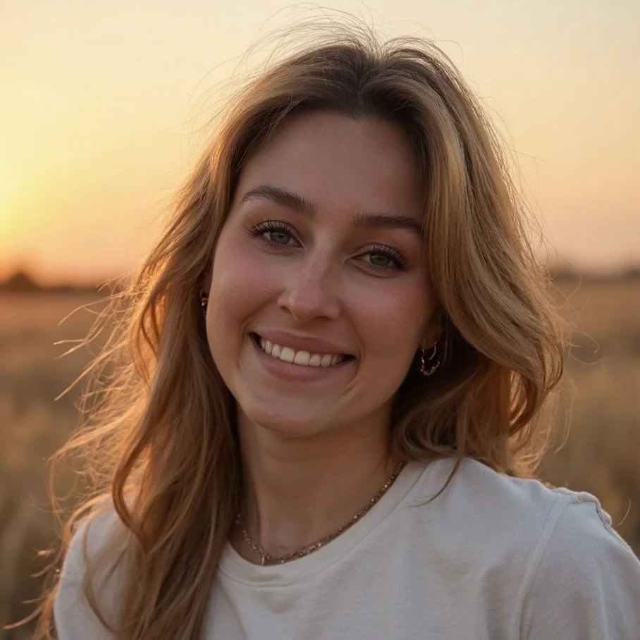 Lächelnde junge Frau mit braunen Haaren draußen bei Sonnenuntergang.