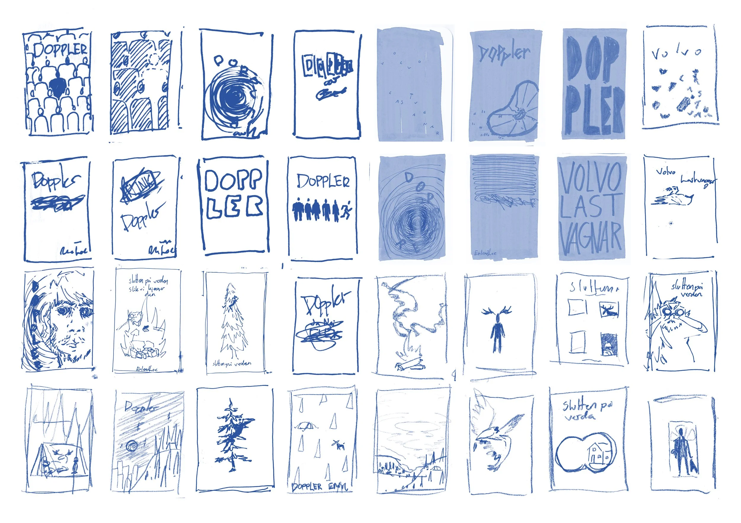 For slike prosjekt, finner eg det hjelpsamt å skisse eit stort utval av små thumbnails for å raskt få ut ulike idear og komposisjonar for vidare arbeid seinare. Dette gjekk samtidig som eg lagde ein analyse av bøkene og noterte meg kvaliteter ved tek