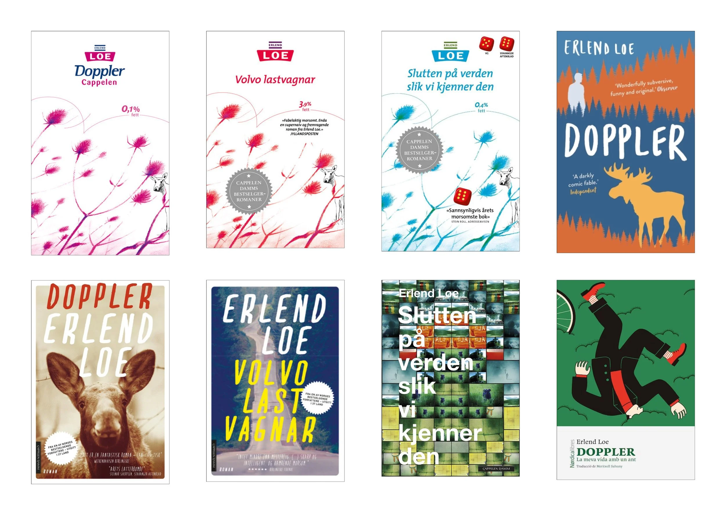 Eg gjorde ein analyse av eksisterande bokomslag for desse bøkene, andre bøker av Erlend Loe, og andre forfattere i samme sjanger. Eg identifiserte trekk som eg ønska å leike med, og trekk eg ville unngå. 