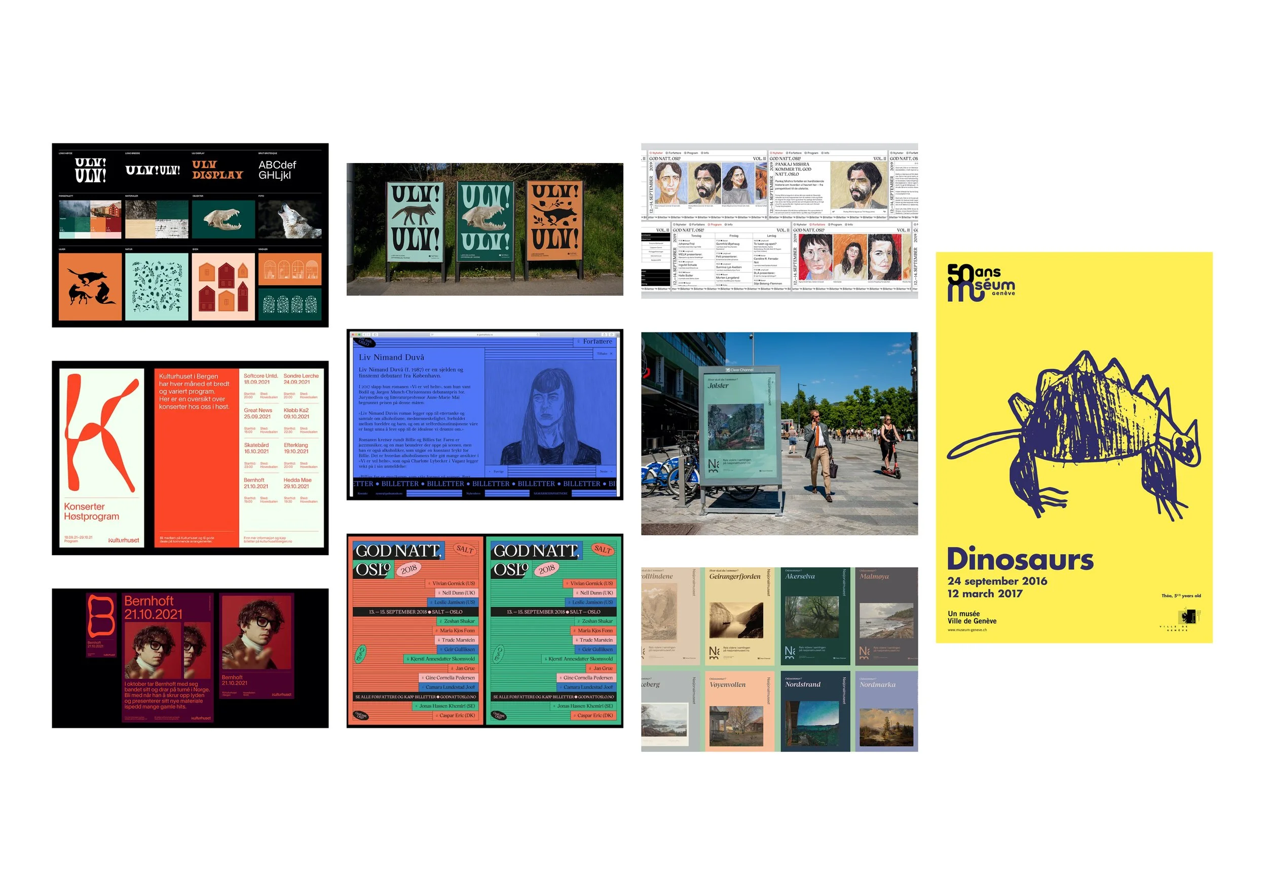 Eg begynte med å gjere ein analyse av målgruppa for prosjektet, og ein analyse av kulturarrangement-bransjen. Eg fokuserte på skrifter, form, farge og flater, og ønska å finne ut korleis andre aktørar gjorde promotering, og formspråket dei brukar. 