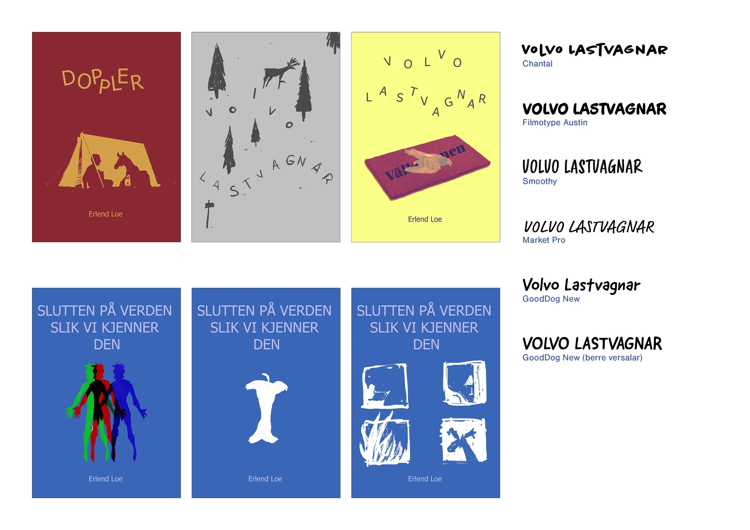 Etter eg hadde ein solid bank av idear på papir, gjekk eg over til digitale skisser. Her lekte eg meir med fargar og detaljer. 
Eg begynte også ordentlig på typografien, og leita etter ein skrift med same, handteikna preg som illustrasjonane mine. 