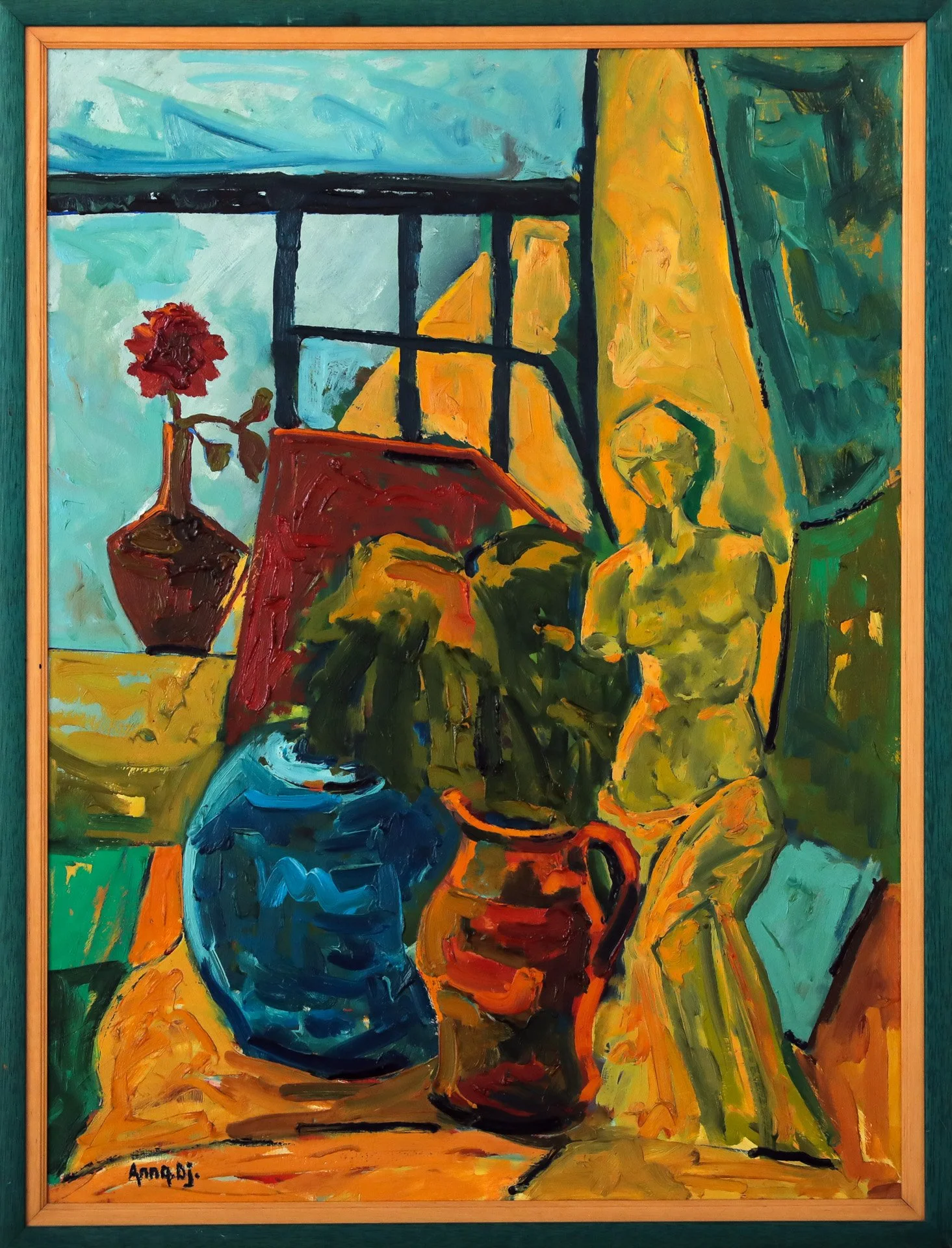 Anna Djérédjian « Nature morte au statue et vases fleuris »
Dim: 83 x 62 cm 
