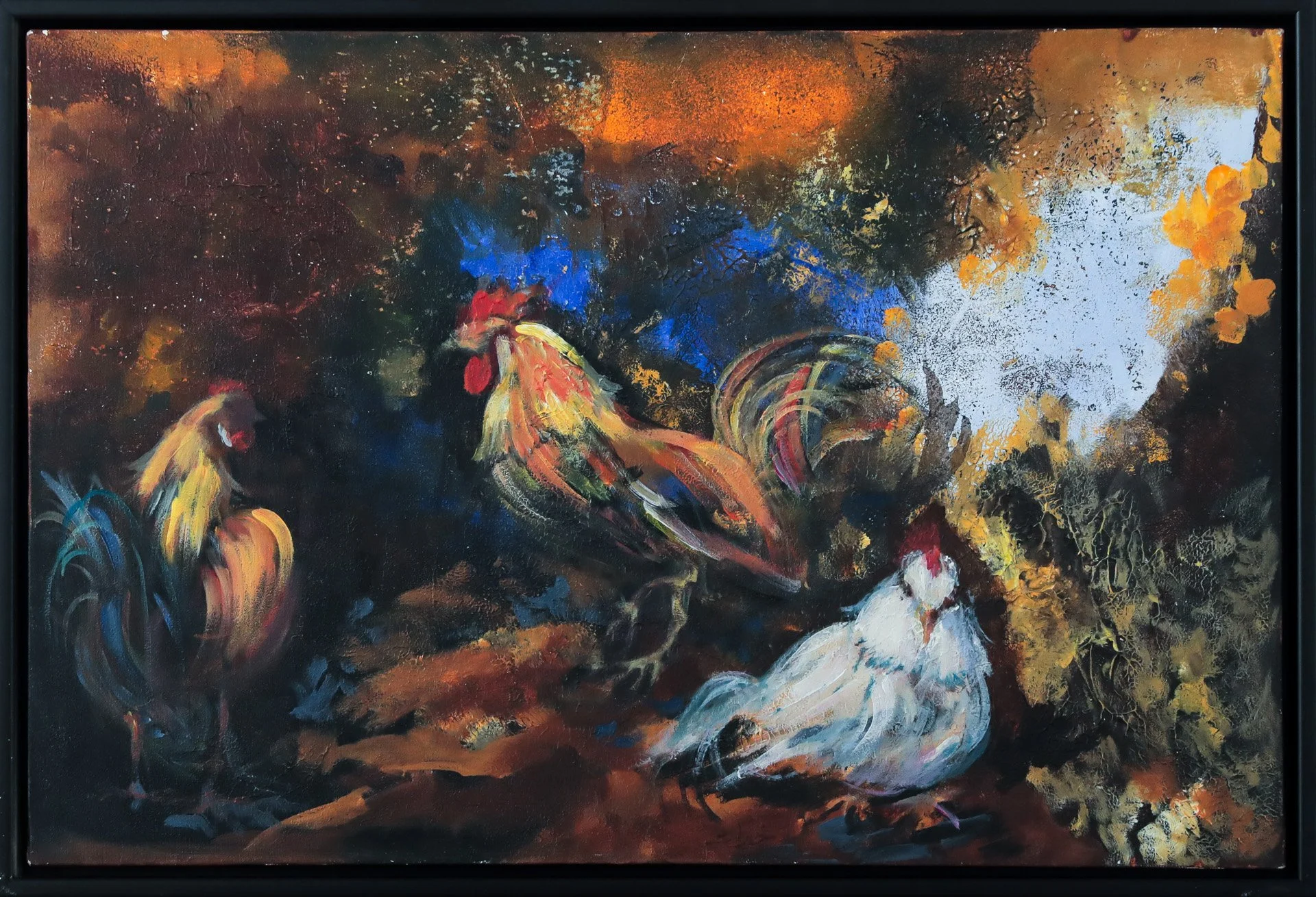 Khayrat El Zein « Coqs »
Dim: 90 x 60 cm 
