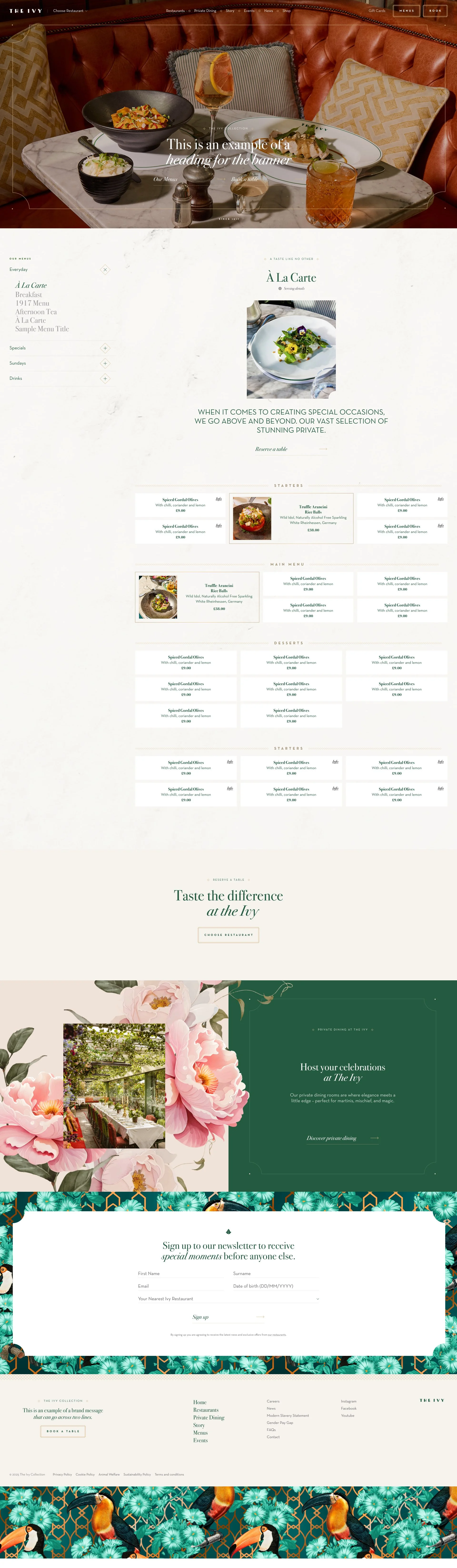Example of The Ivy menu page featuring a grid of dishes and imagery of food in the restaurant.