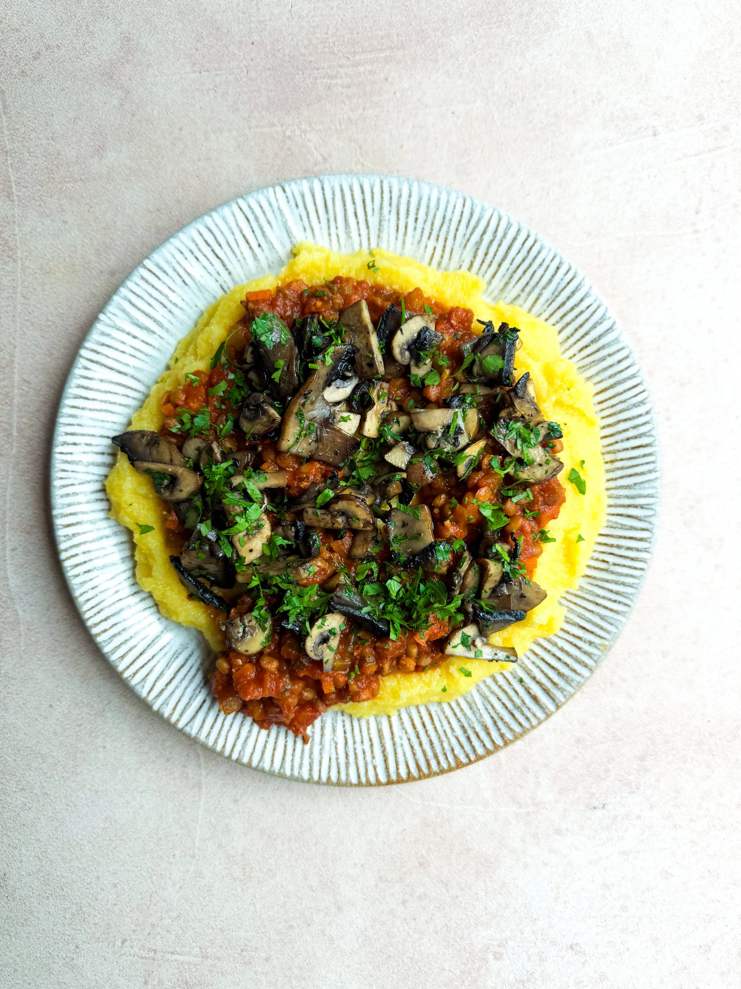 Polenta with Lentil Ragu and Sautéed Mushrooms