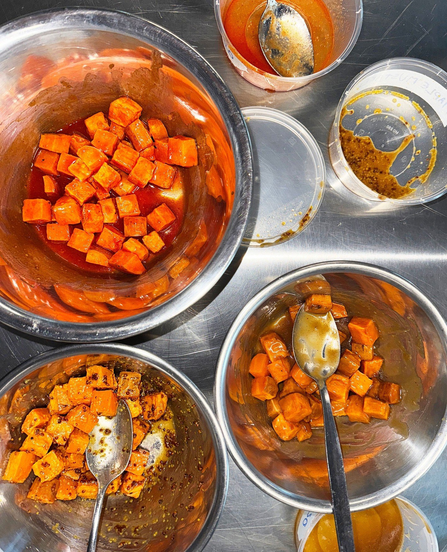 Testing new sweet potato marinades in the kitchen today: hot maple, sweet mustard, and sticky maple. Tough choices&hellip; which one&rsquo;s calling your name? 😋