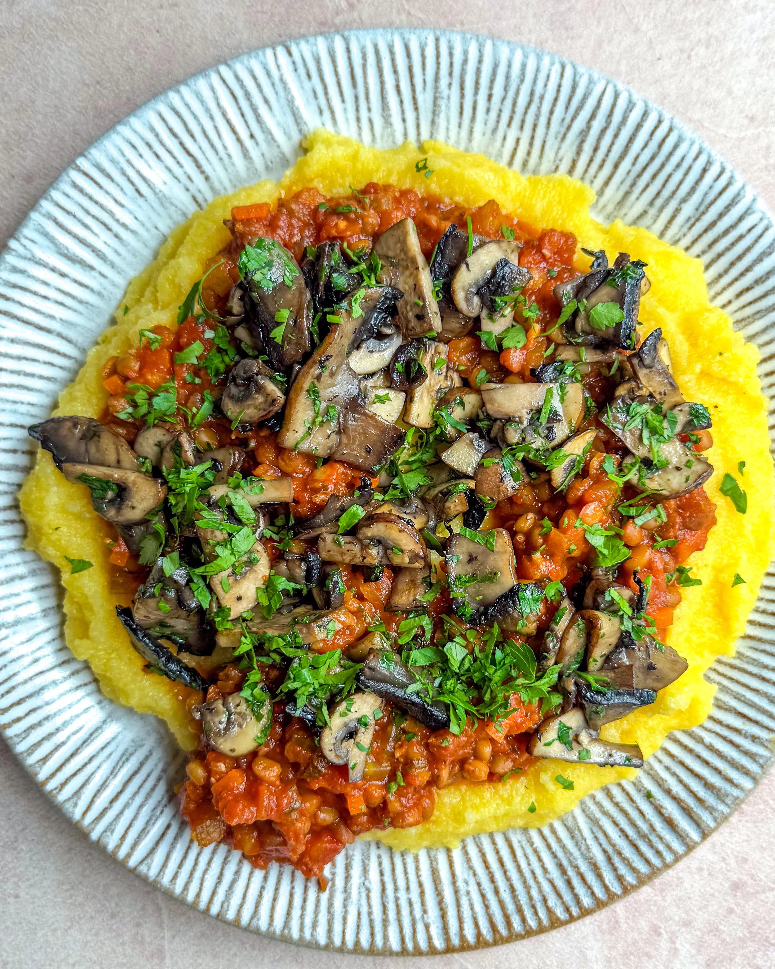 Polenta with Lentil Ragu and Sautéed Mushrooms