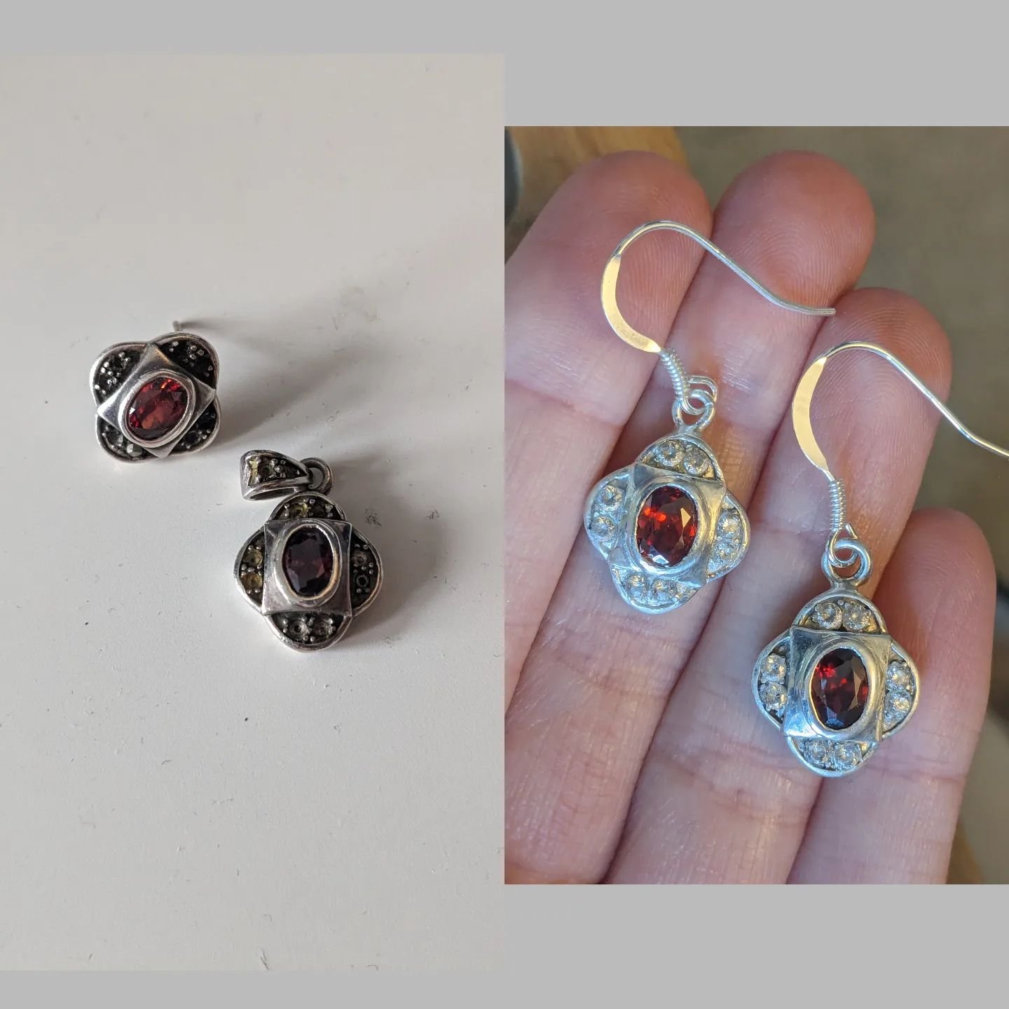 My first try at revamping and old piece of Jewellery - turning a pendant and one earring into a set of earrings. I'm happy with the finished result, even tho the earring had gained a few extra scratches 👀 I definitely learned a lot during this proce
