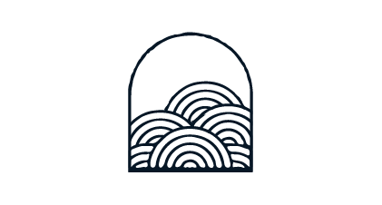 Simple line drawing of a window with mountain waves inside it.