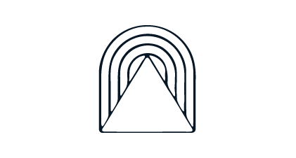 Line art geometric illustration of a mountain with surrounding arcs.