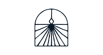 A simple line drawing of a church window with a cross at the top and radiant lines emanating from the center.