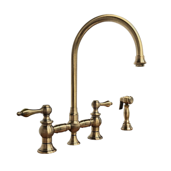 Brass kitchen faucet with two handles, side spray, and a high arc spout.