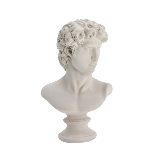 White marble bust of a young man with curly hair, positioned on a pedestal.