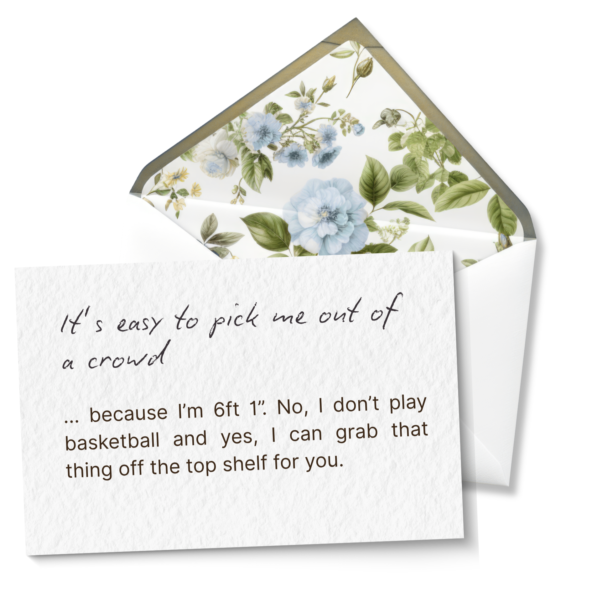 A white greeting card with black handwritten text, partially visible, and a floral envelope with blue and green flowers and leaves, with the corner of the envelope protruding from the card.