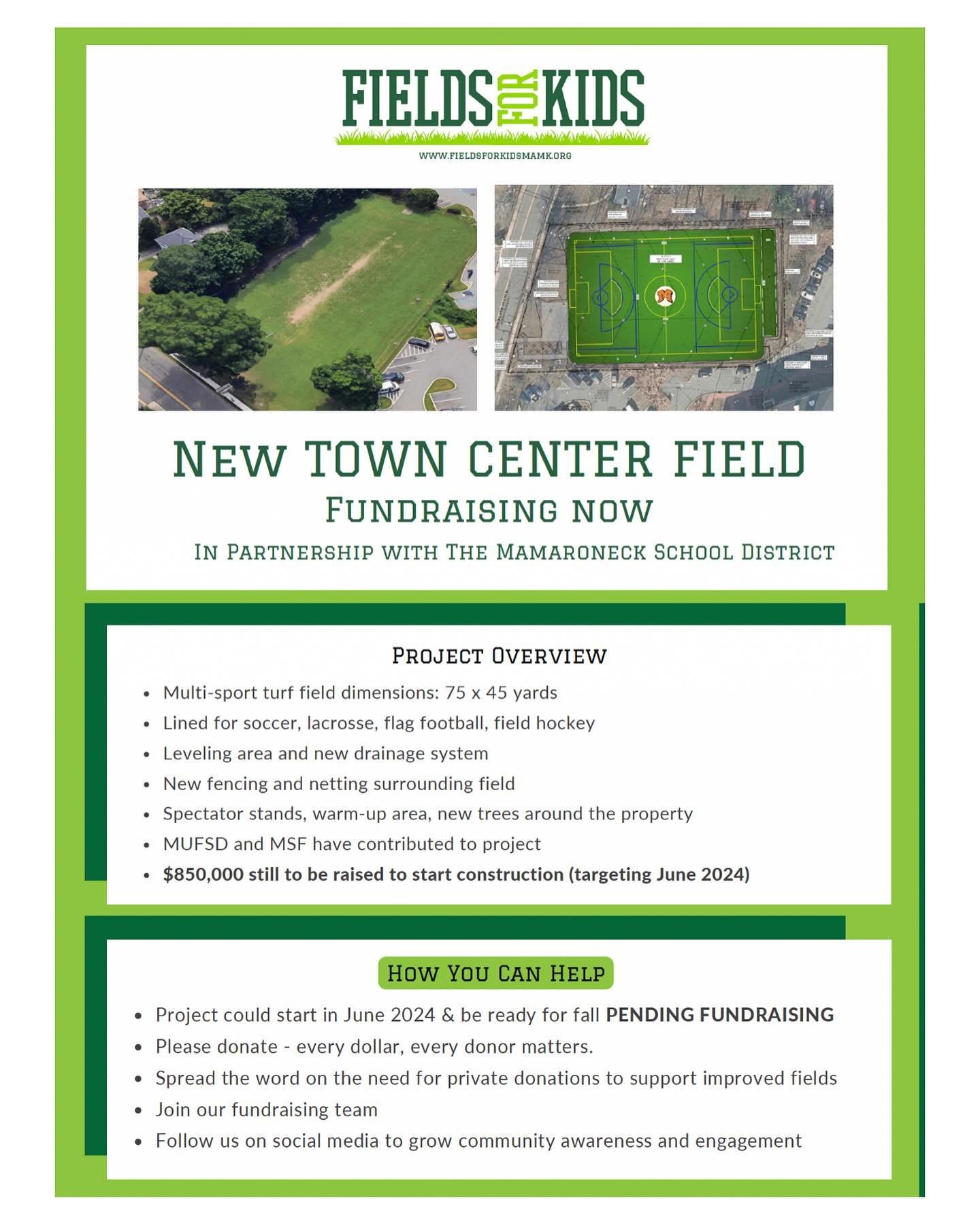 Celebrate youth sports opening weekend with a donation to support FFK!

Next up&hellip;in partnership with the Mamaroneck School District, FFK plans to level and TURF Town Center, the heavily used practice field adjacent to Memorial Field at MHS. 
 
