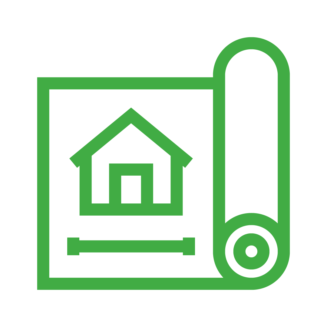 Green icon of a blueprint with a house and a rolled-up plan on the right side.