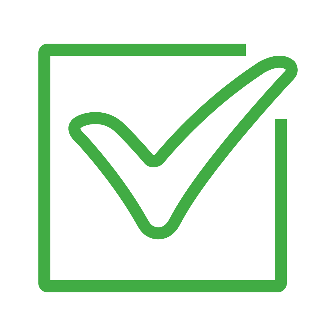 Green checkmark inside a square outline, representing approval or completion.