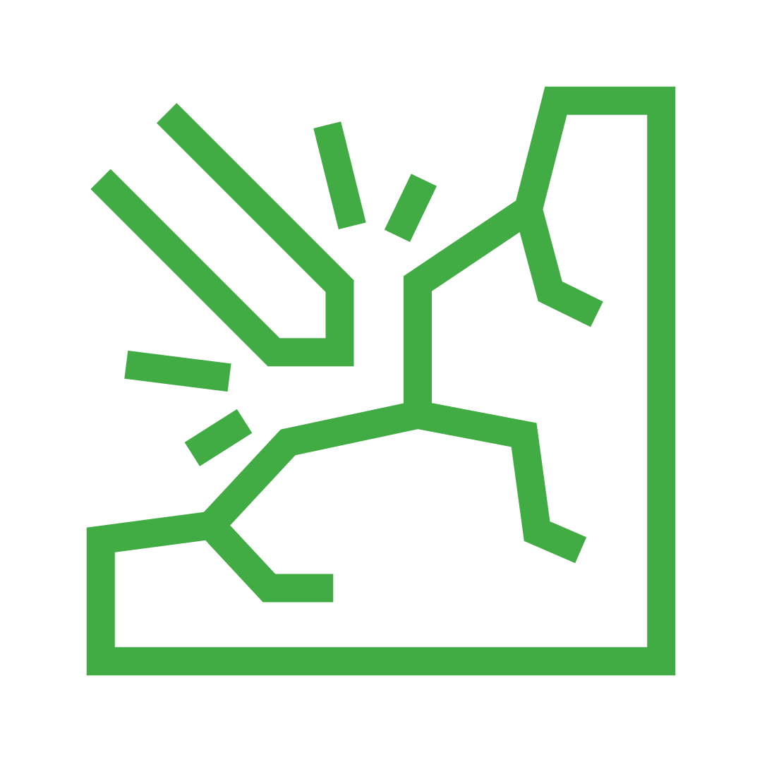 Icon of a broken glass indicating risk of shattering, enclosed in a green border.