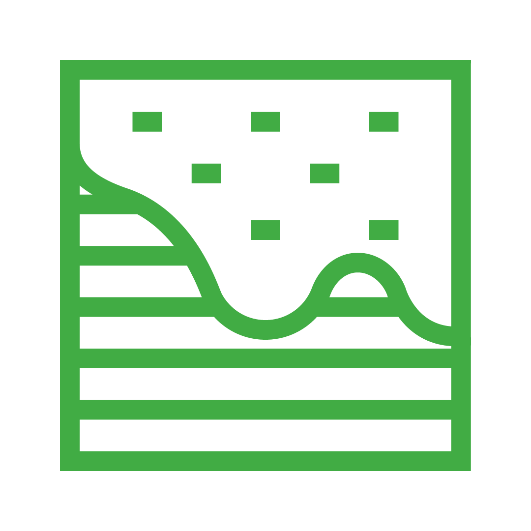 Recycling or waste sign with a green border, a depiction of a soil or landscape with trees, and horizontal lines representing the ground or layers.