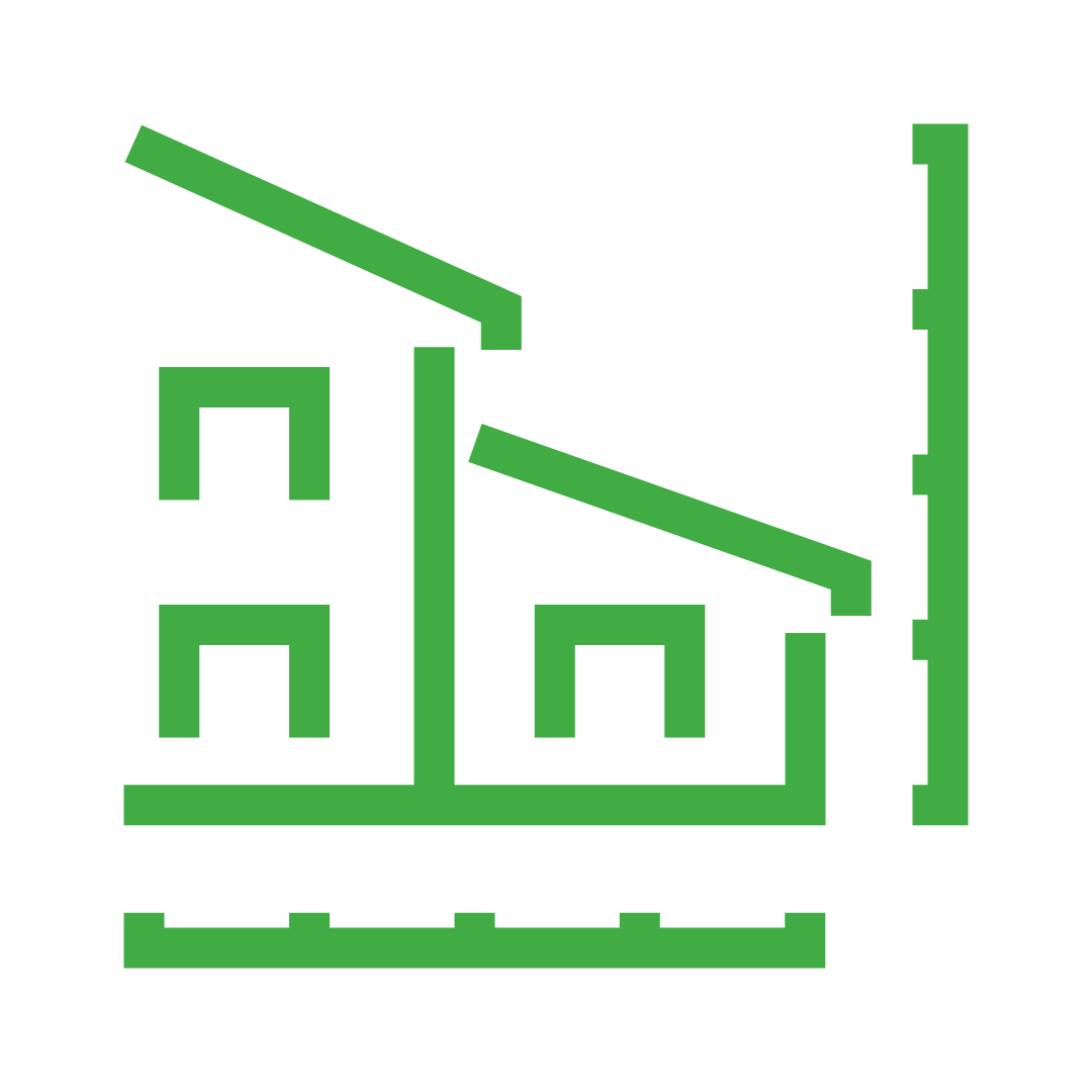 Line drawing of a house with a roof, windows, and a chimney, all in green color.