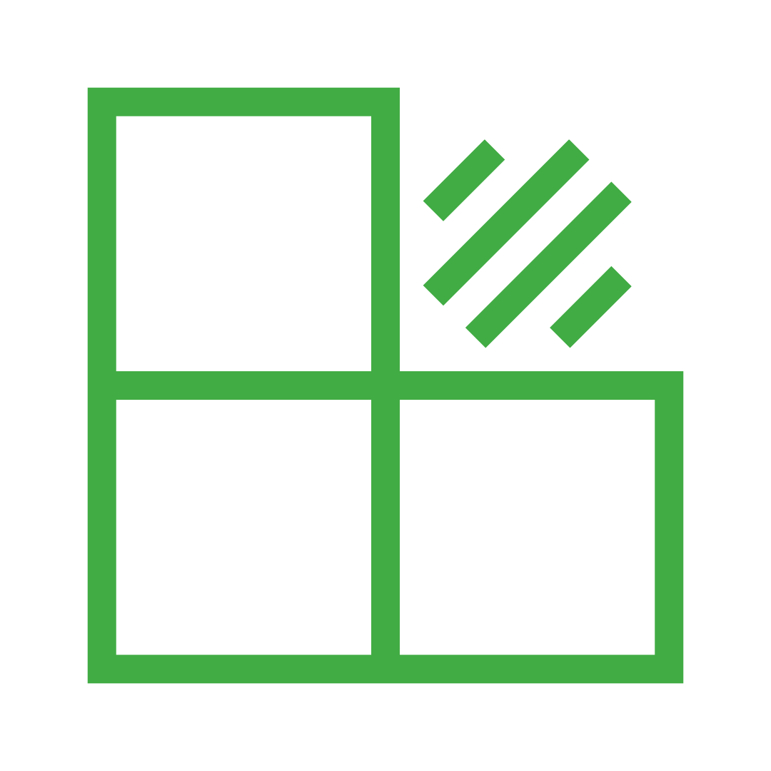 A simple diagram of four green squares outlined in green, with one square in the top right corner having diagonal green lines inside.