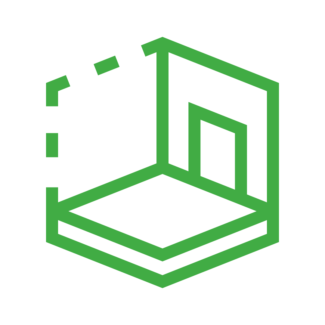 A green 3D line art icon of a house with an upward arrow, surrounded by layered foundation lines and a circular dotted arrow indicating growth or progress.