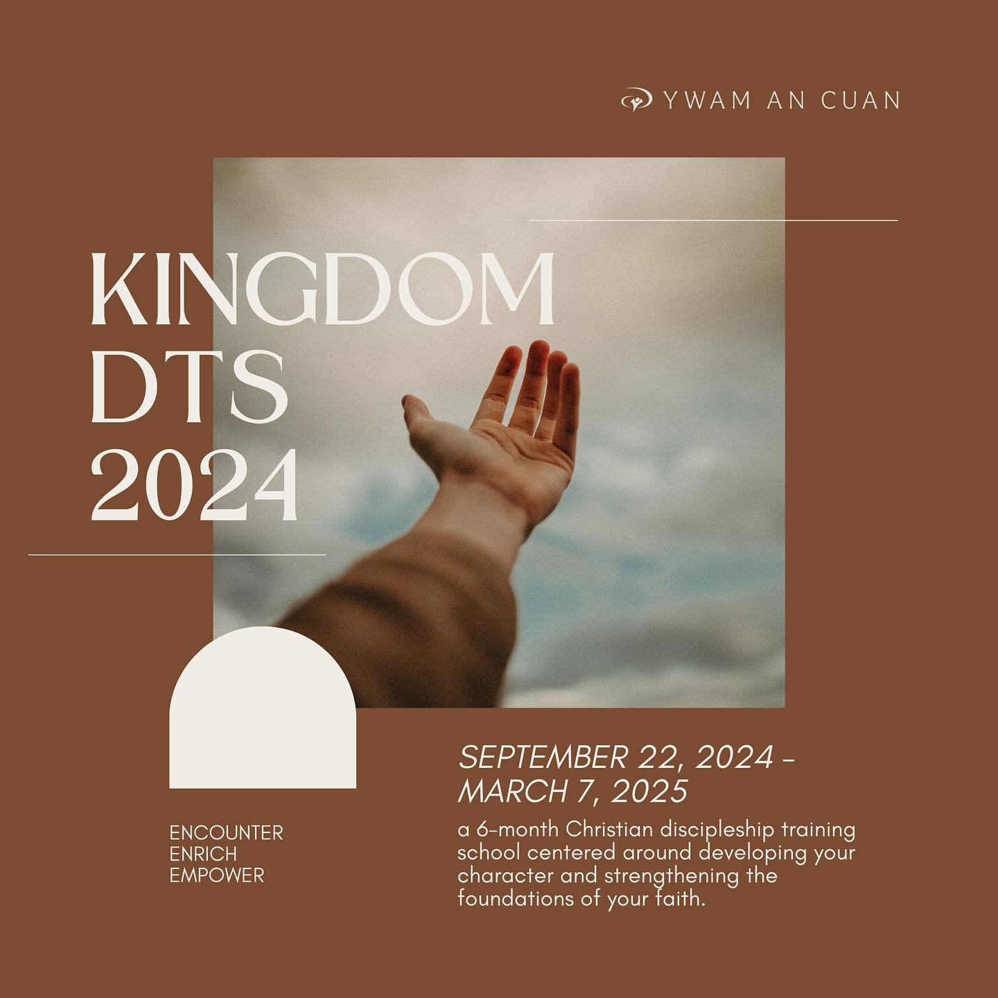 Introducing our Kingdom Discipleship Training School 2024 starting September 22! The Kingdom DTS is a 6-month Christian discipleship intensive centered around developing your character and strengthening the foundations of your faith.

For more inform