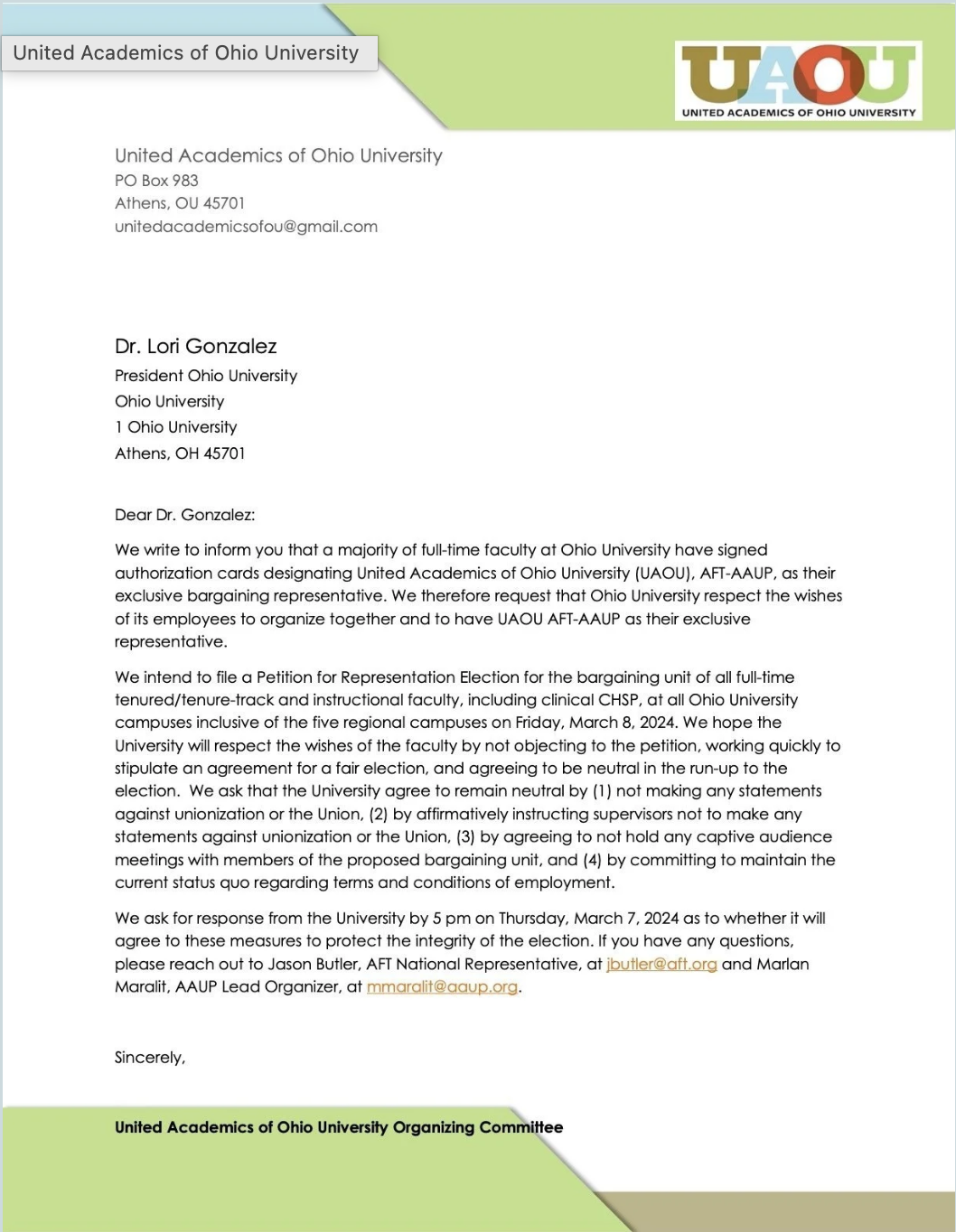 Letter to OU President