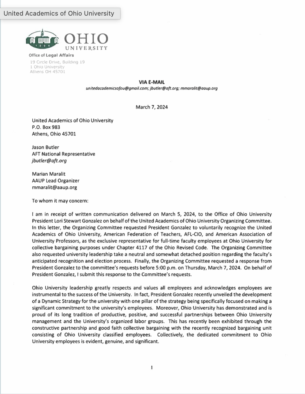 OU Responds to UAOU’s Letter to President Gonzalez