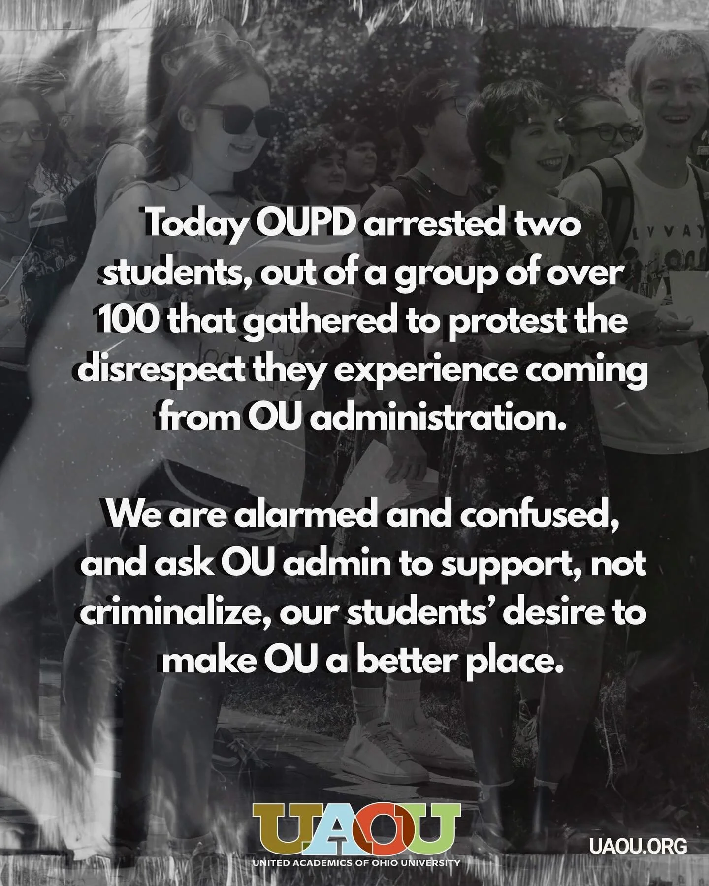 Faculty and supporters will still be at the Board of Trustees meeting tomorrow, but we wanted to comment on recent events that involve our students during today&rsquo;s meeting. 

Today OUPD arrested two students, out of a group of over 100 that gath