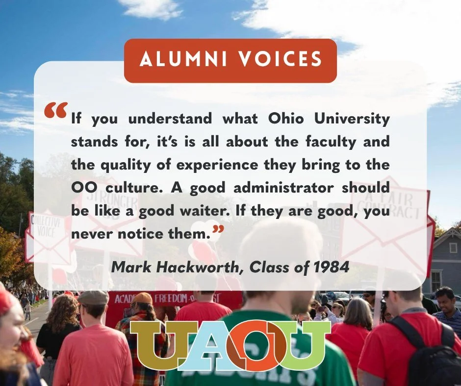 Mark Hackworth graduated from Ohio University in 1984.

His message to President Gonzalez gets at something a lot of alumni understand about OU:

&ldquo;If you understand what Ohio University stands for, it is all about the faculty and the quality of