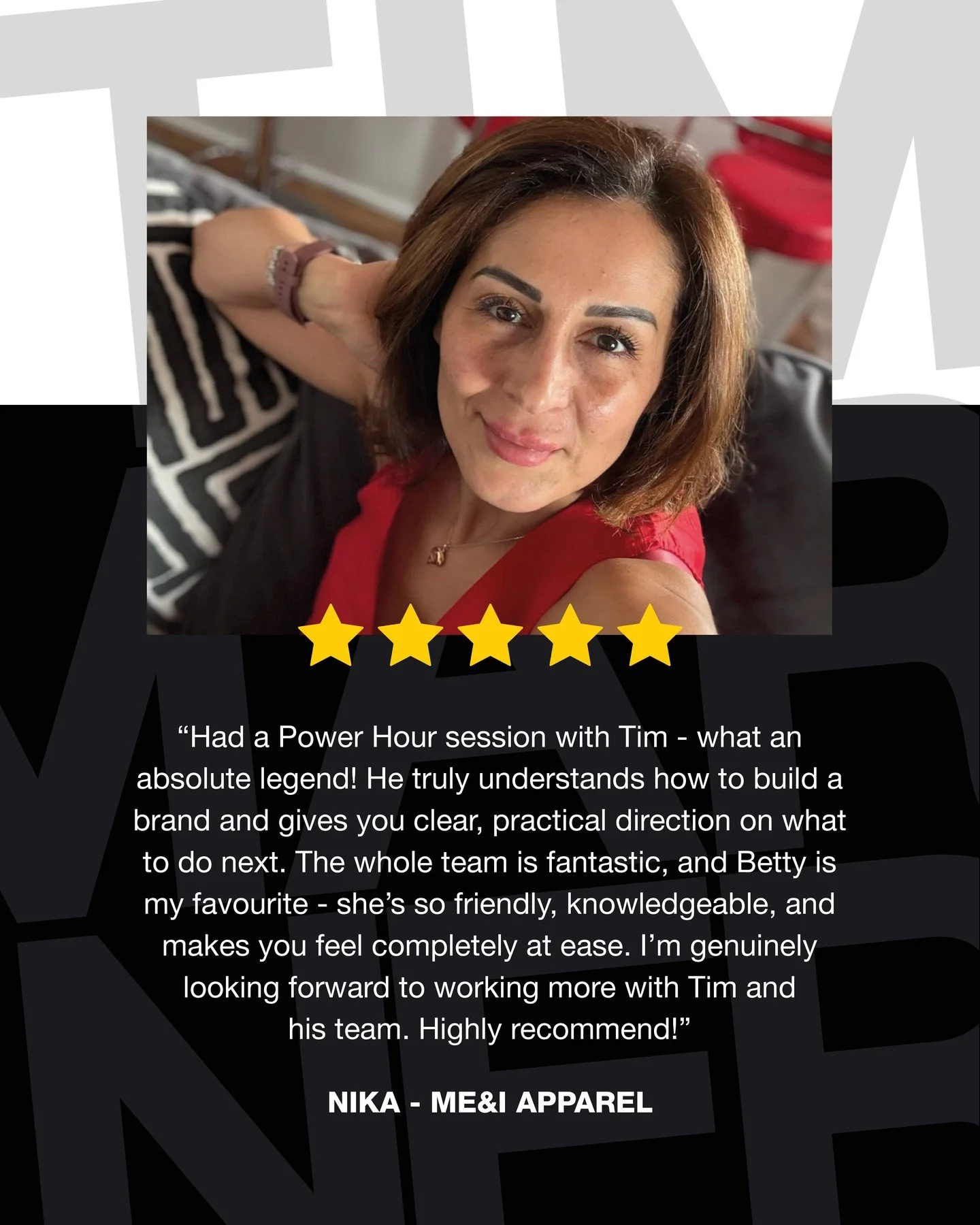 Thank you for your wonderful review, Nika!

We&rsquo;re so glad Tim could help out with some valuable advice and that Betty made you feel right at home 👊🏻🧔🏻&zwj;♂️

#BrandGuidance #Review #BrandingAgency #PowerHour #BusinessAdvice #TheBrandingGur