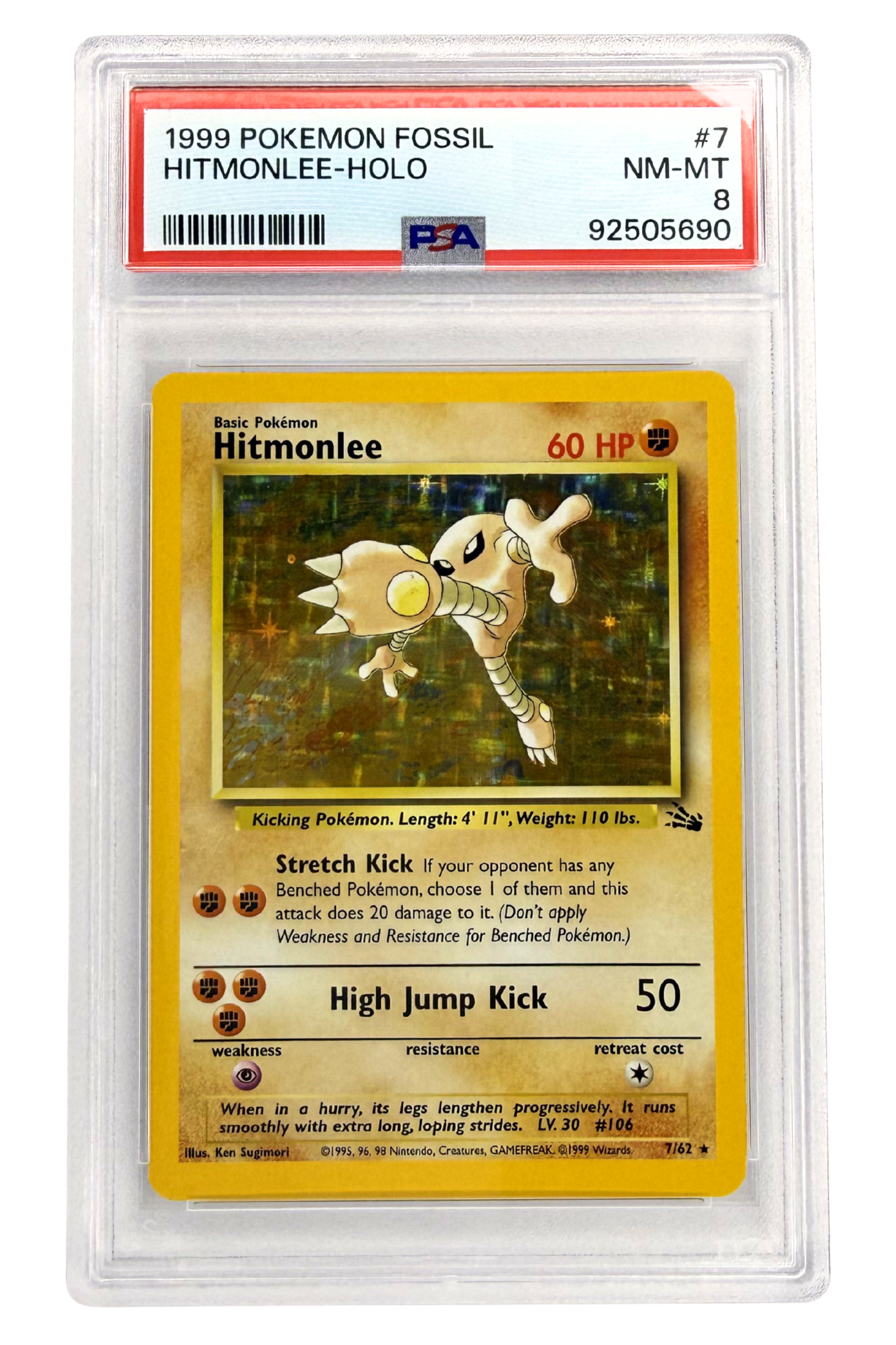 Front of Hitmonlee Holo 7/62 Fossil Pokémon Card – Graded 8.0