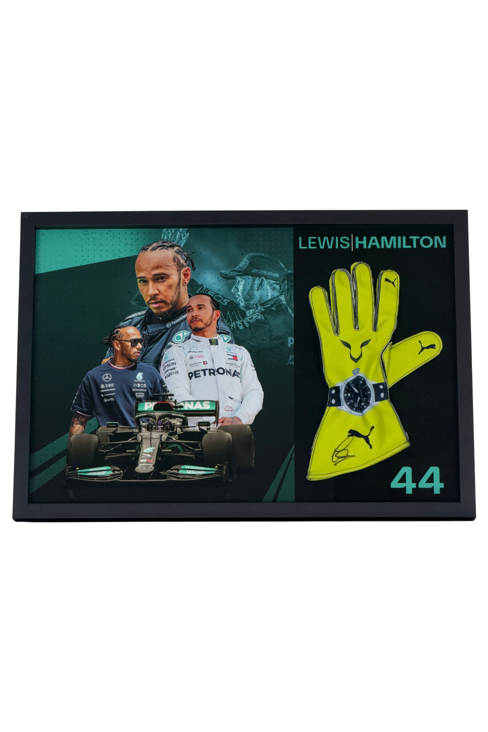 Front of Lewis Hamilton Signed & Framed Mercedes F1 Racing Glove