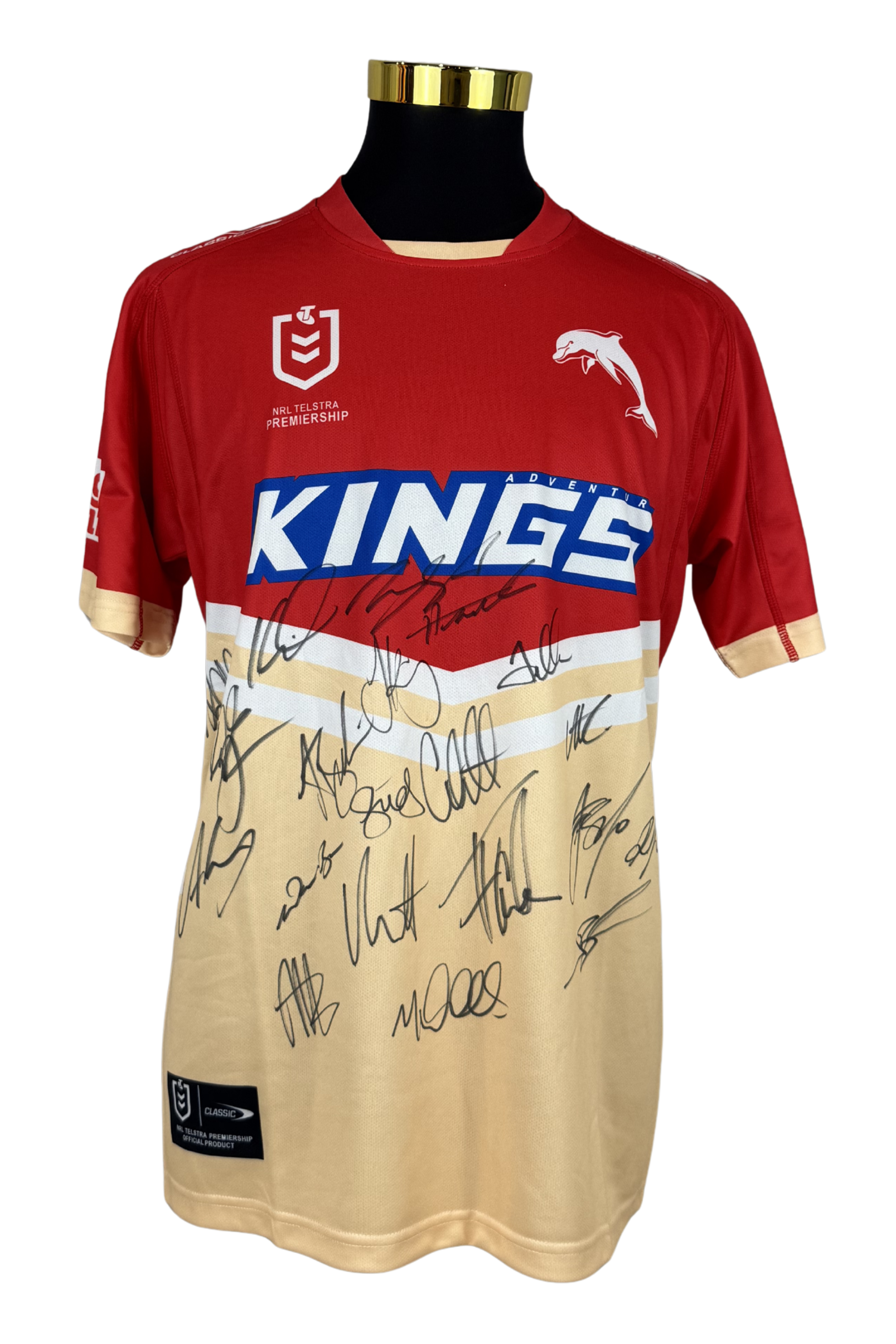 Front of signed Redcliffe Dolphins rugby league jersey