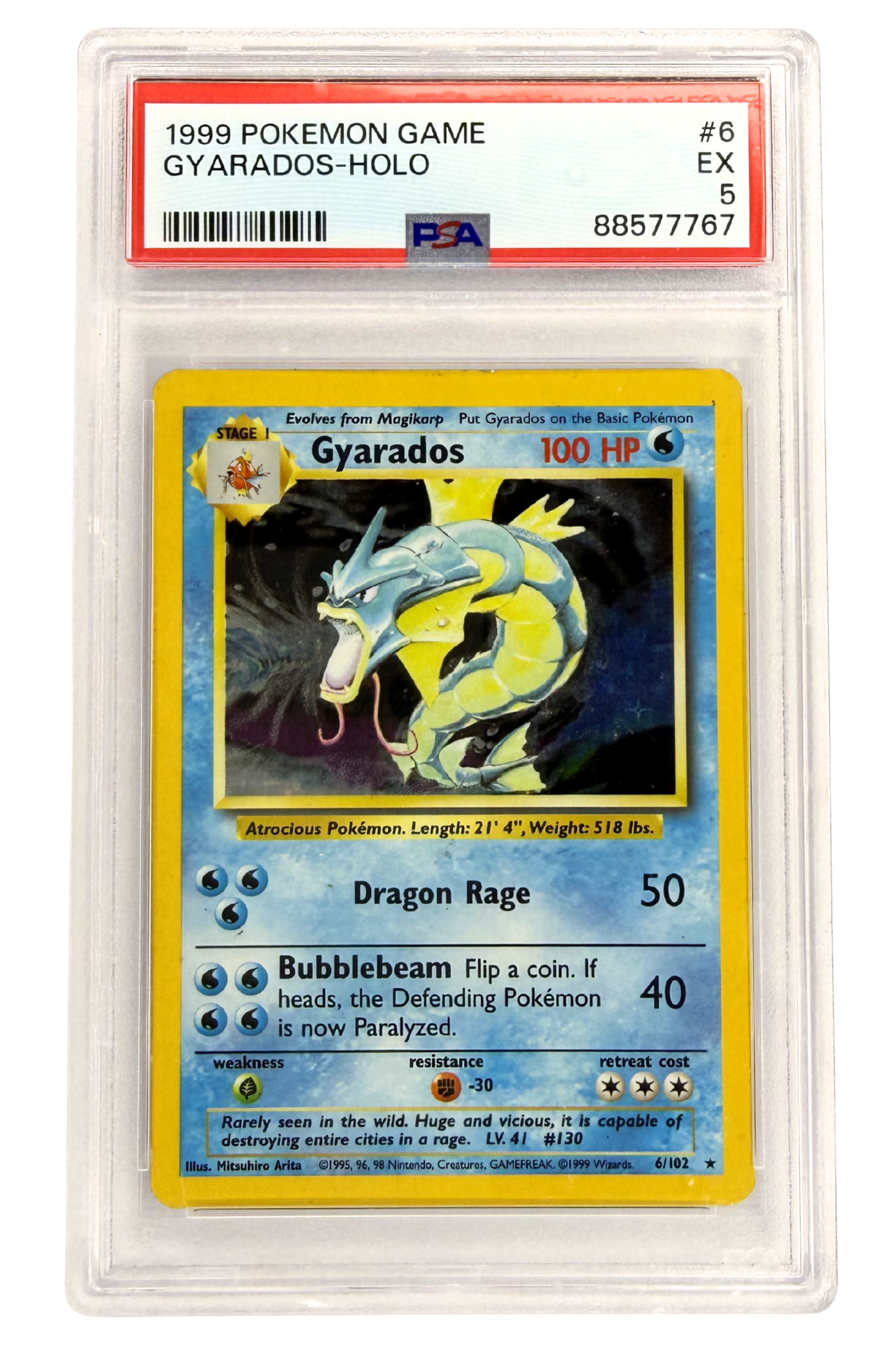Front of Gyarados Holo 6/102 Base Set Unlimited Pokémon Card – Graded 5.0