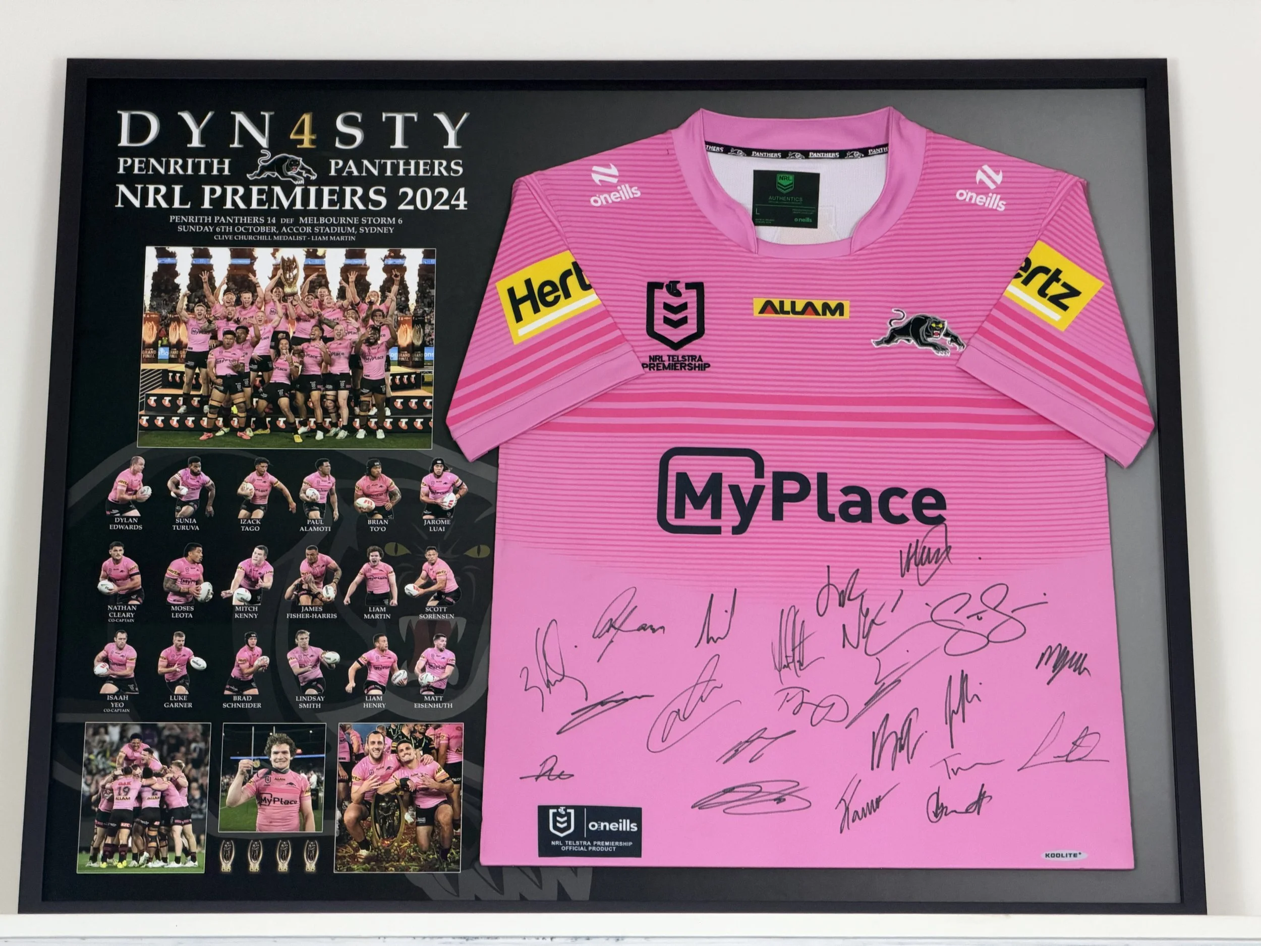 Front of Penrith Panthers Premiership Team Signed & Framed NRL Jersey