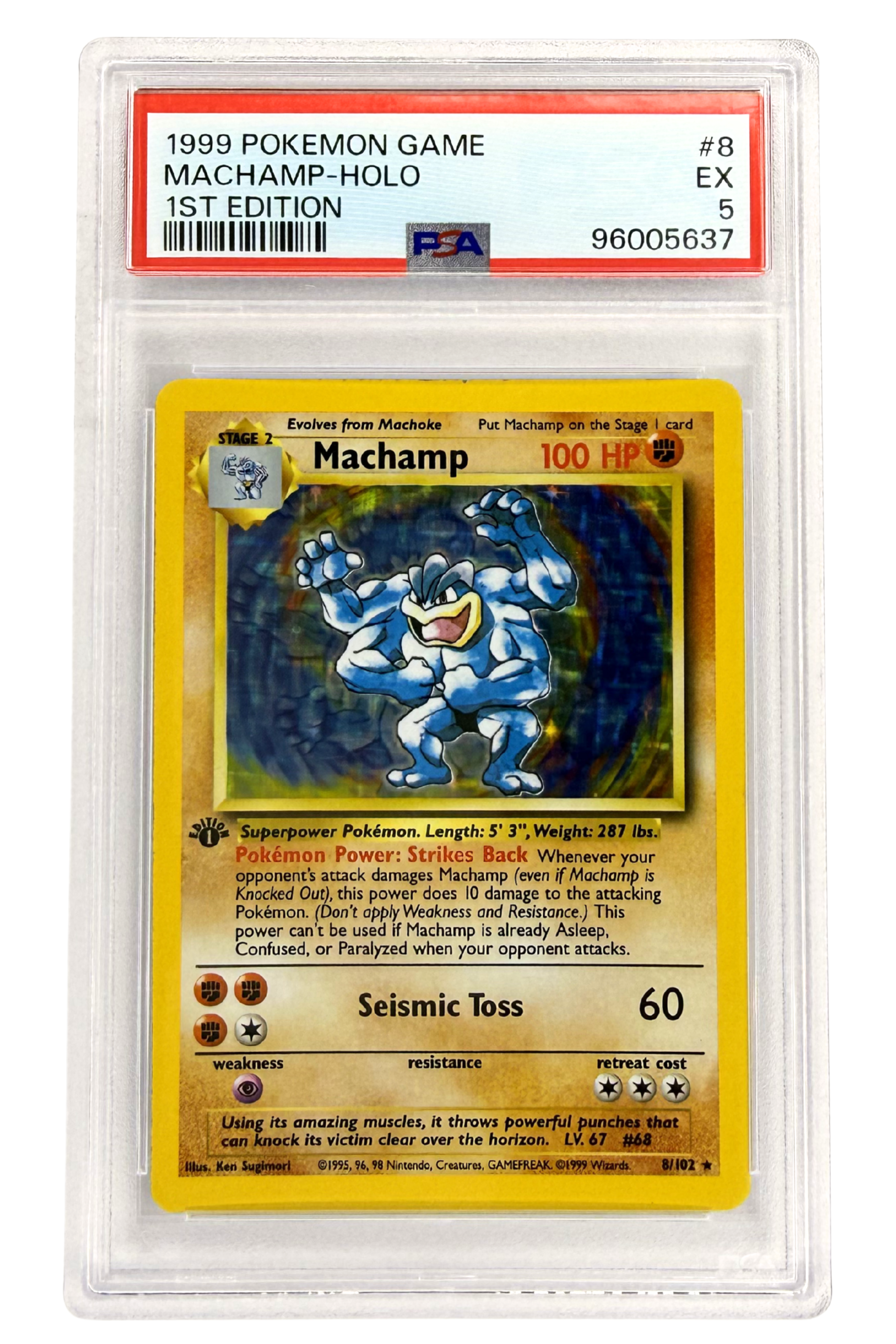 Front of Machamp Holo 8/102 Base Set Unlimited Pokémon Card – PSA 5