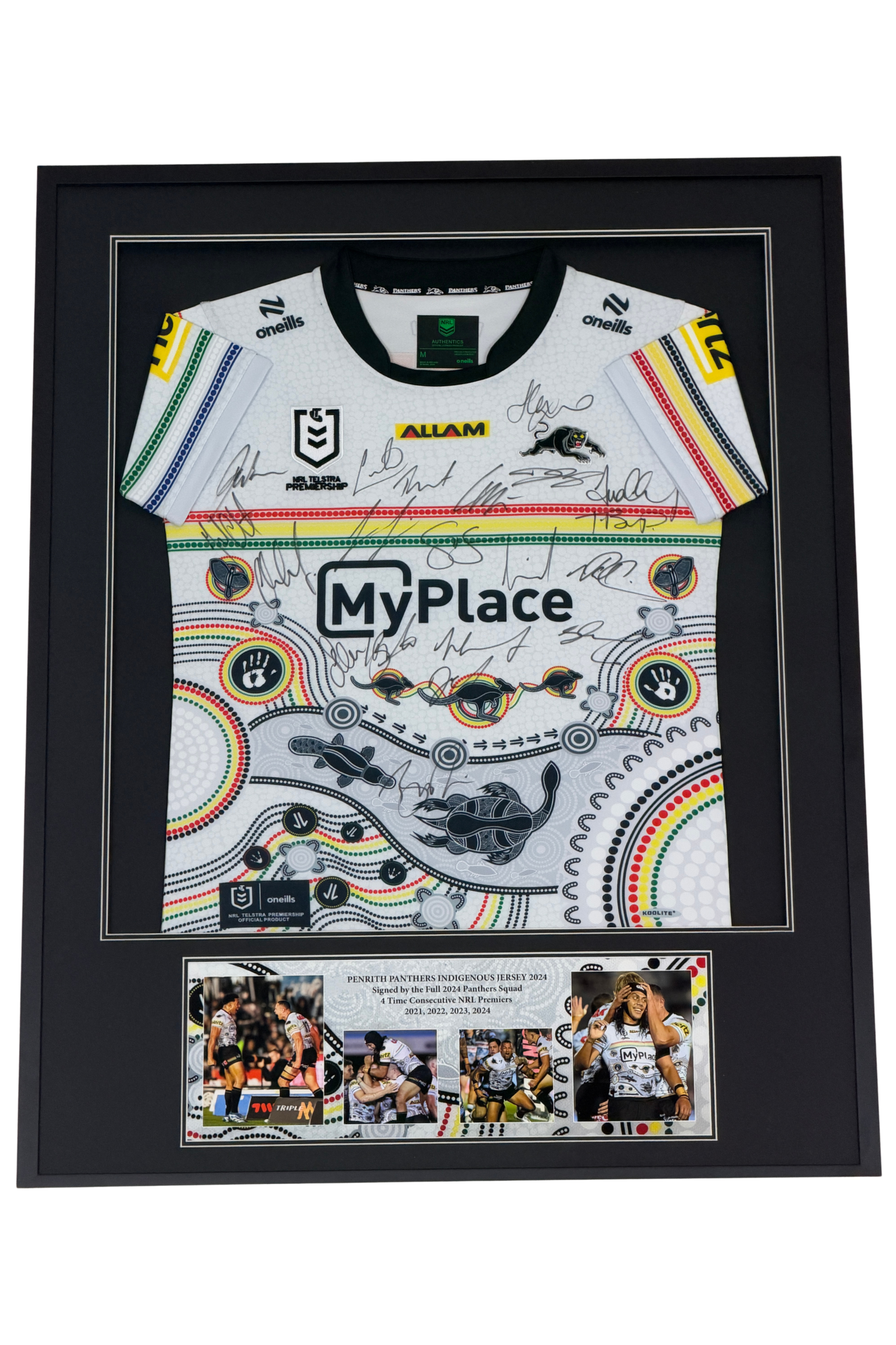 Front of Penrith Panthers Premiership Team Signed & Framed Indigenous NRL Jersey