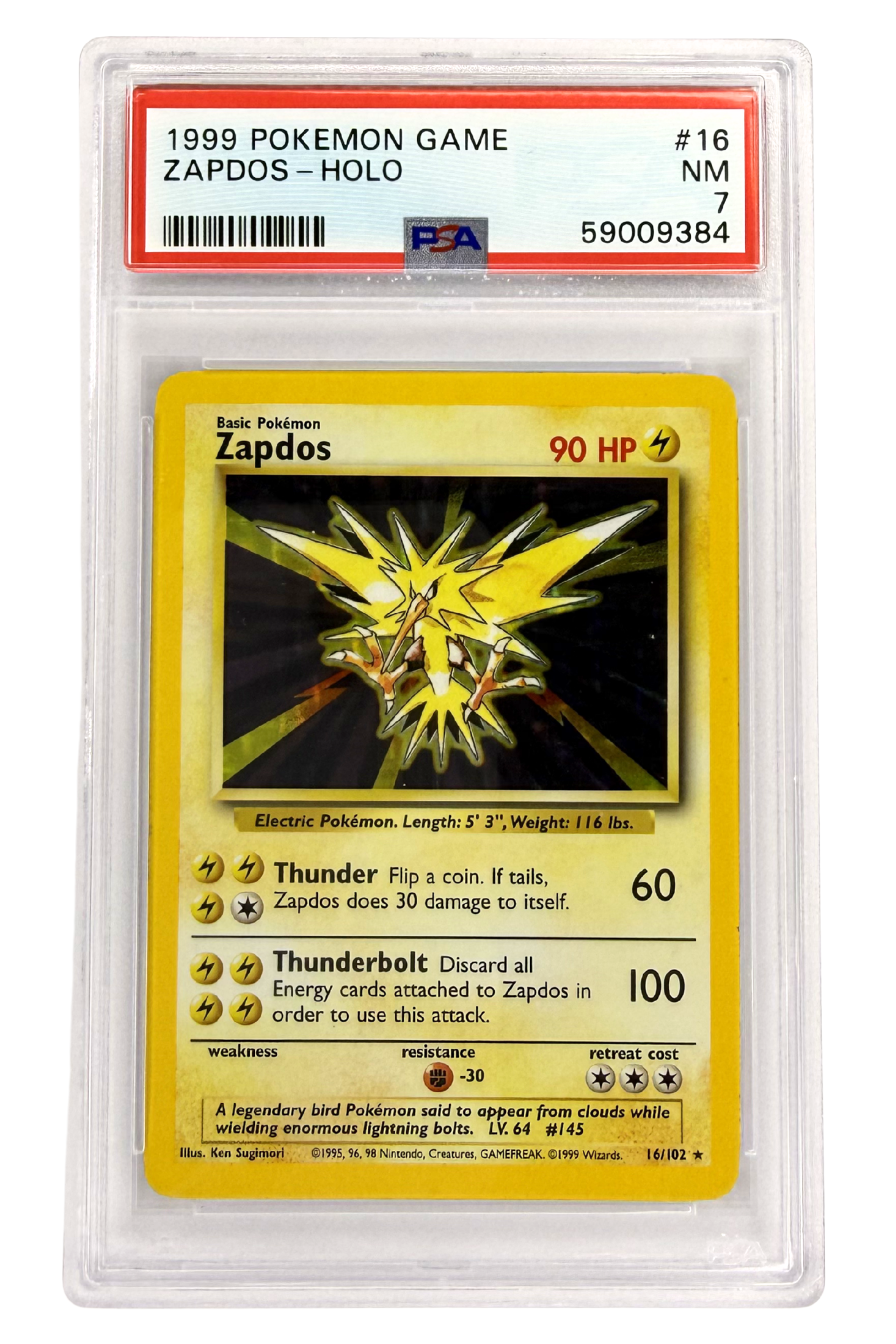 Front of Zapdos Holo 16/102 Base Set Unlimited Pokémon Card – Graded 7.0