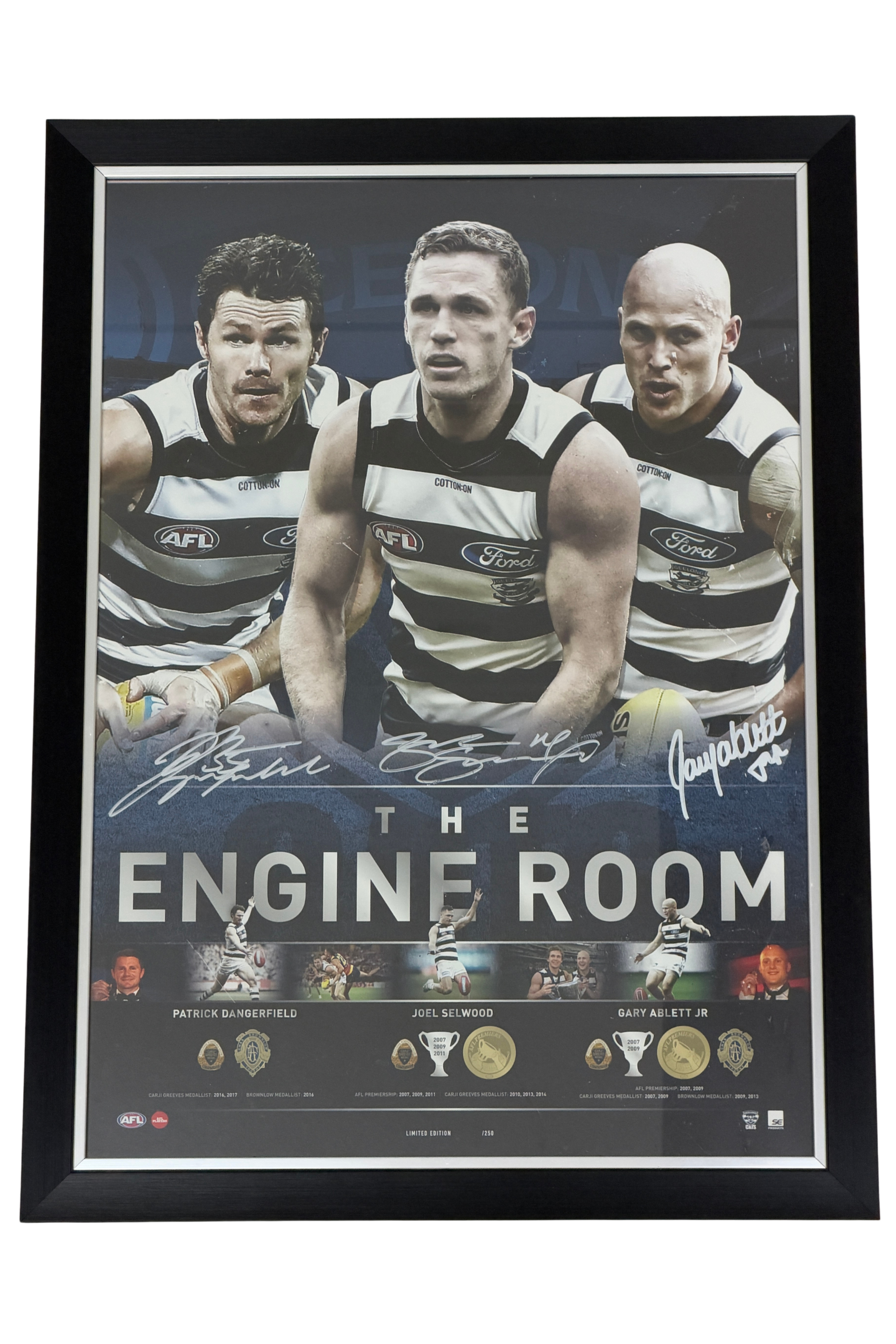 Front of Gary Ablett Jnr, Patrick Dangerfield & Joel Selwood Signed & Framed Geelong Cats AFL Poster